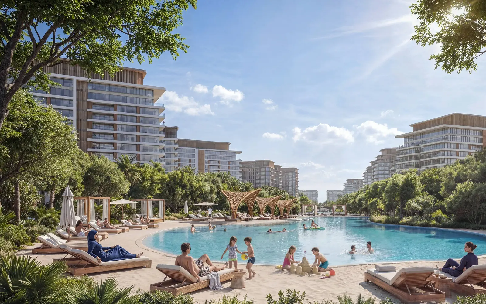 Waterfront apartment exterior at Sobha City Abu Dhabi Phase 1 overlooking the promenade with modern architectural detailing