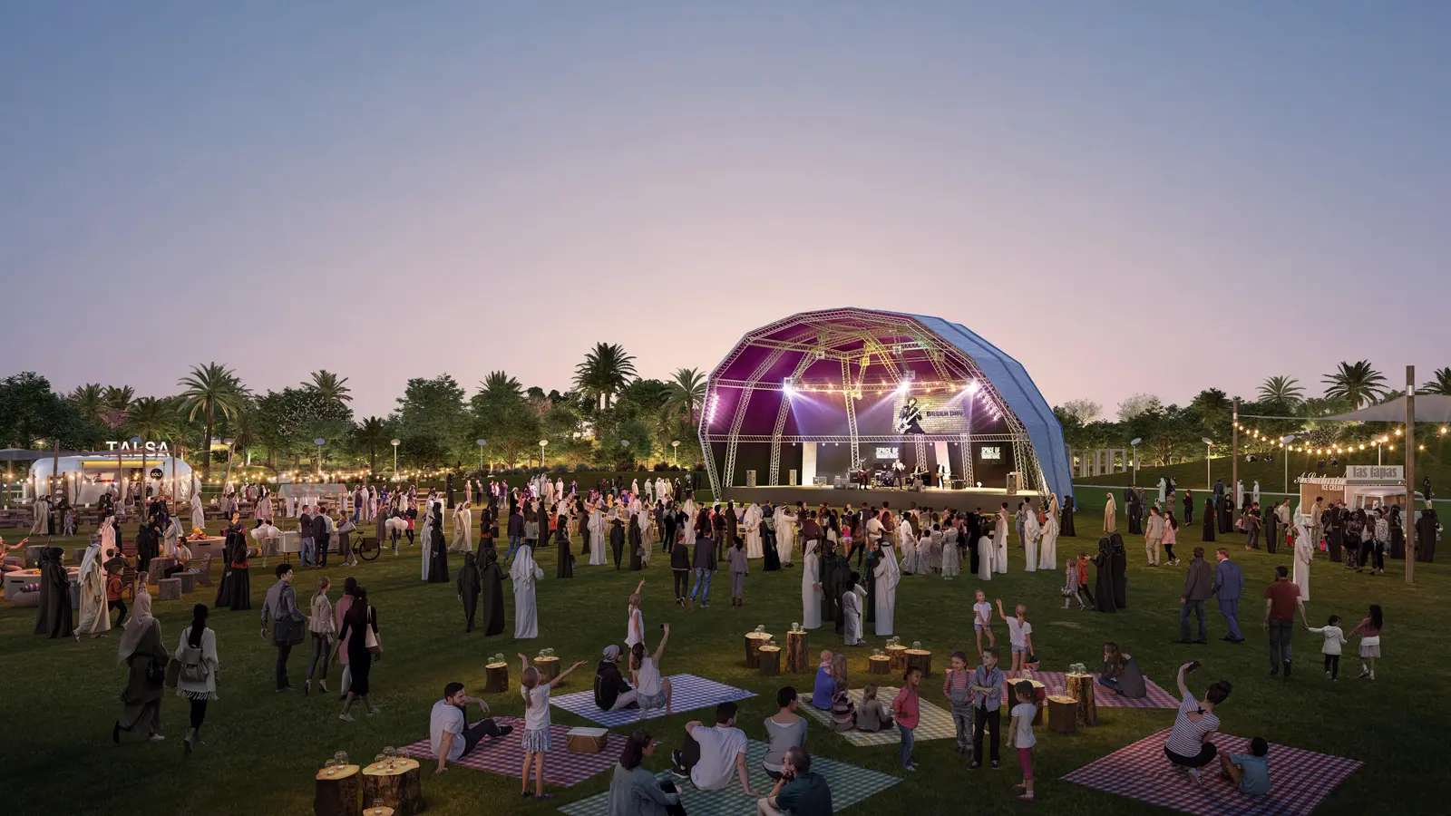 Sustainable Yas Park Gate Yas Island Abu Dhabi neighborhood with dog park, gymnasium, and landscaped gardens for wellness-inspired family living.