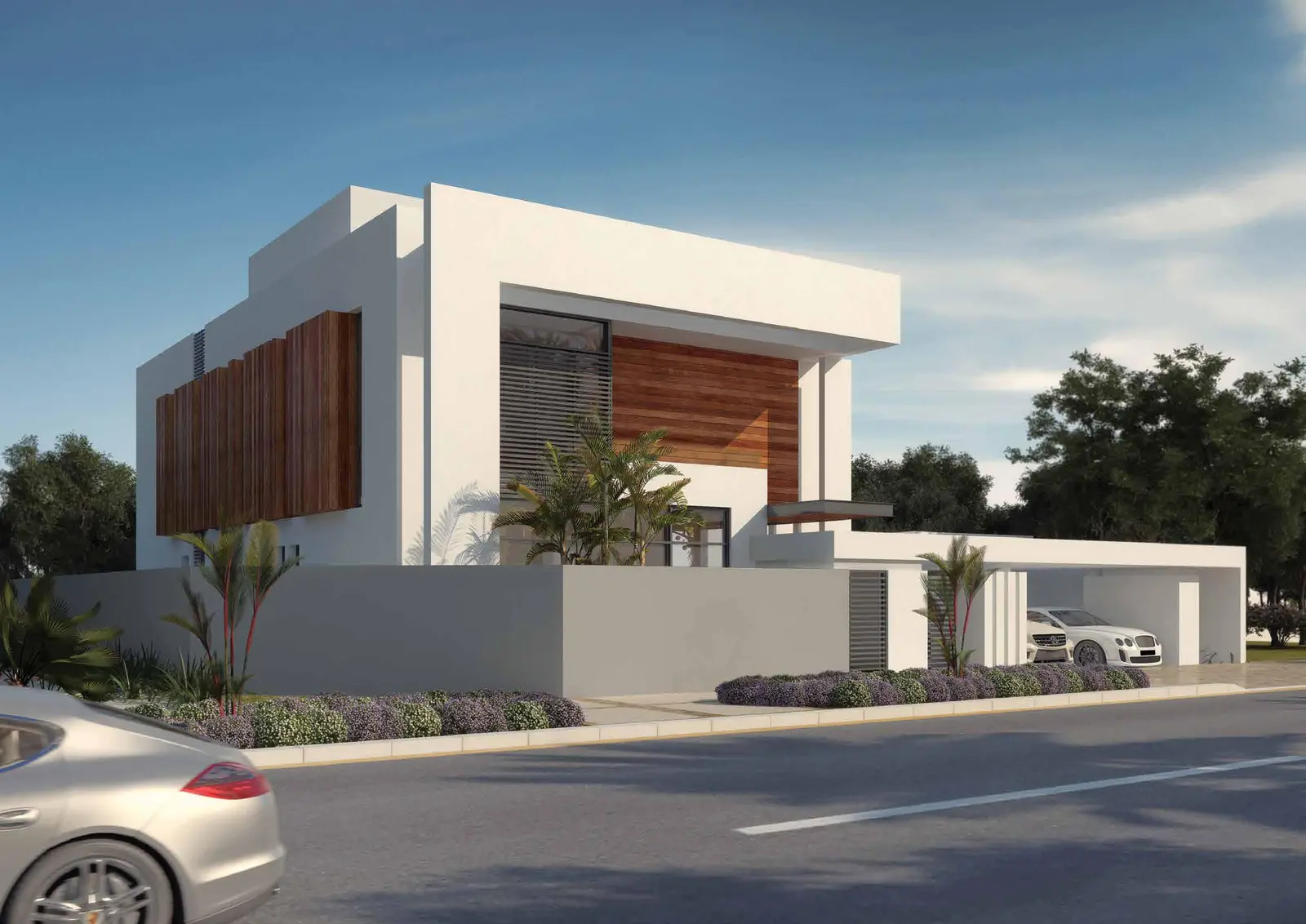Covered parking garage attached to villa in West Yas, Yas Island, Abu Dhabi with space for two cars