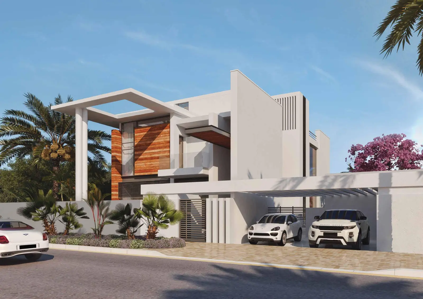 Night view of West Yas villas, Yas Island, Abu Dhabi illuminated with warm exterior lighting