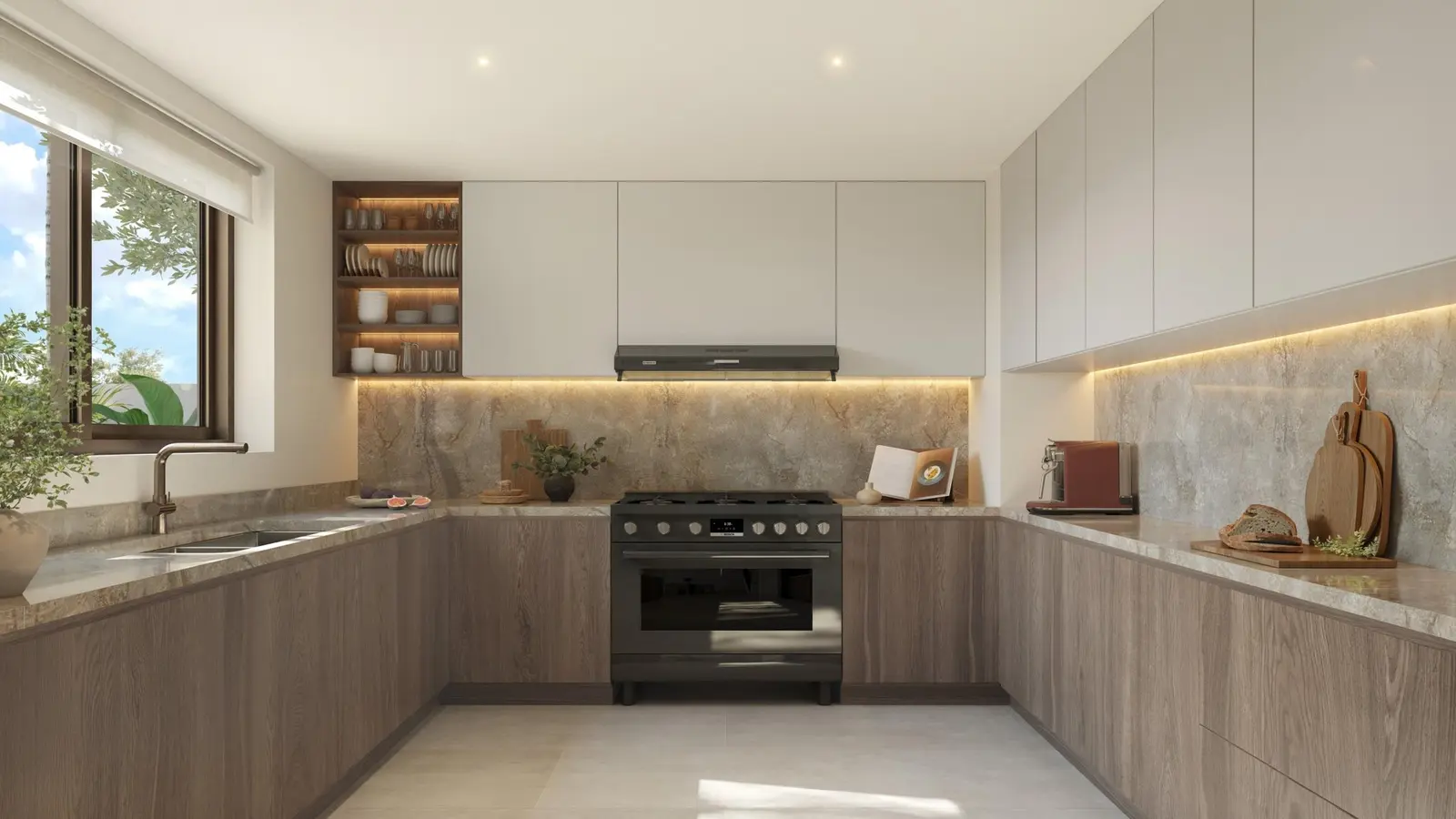 Kitchen interior of Yas Acres The Orchids Yas Island Abu Dhabi, showcasing sleek cabinetry, premium materials, and a functional family‑friendly layout.