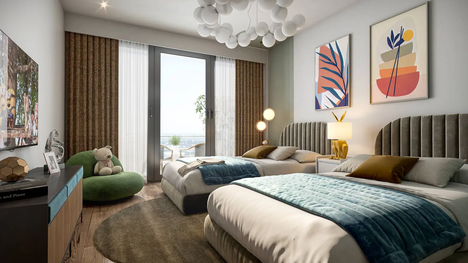 Spacious master bedroom interior inside Perla 3 apartments on Yas Island Abu Dhabi with built-in wardrobes and canal views
