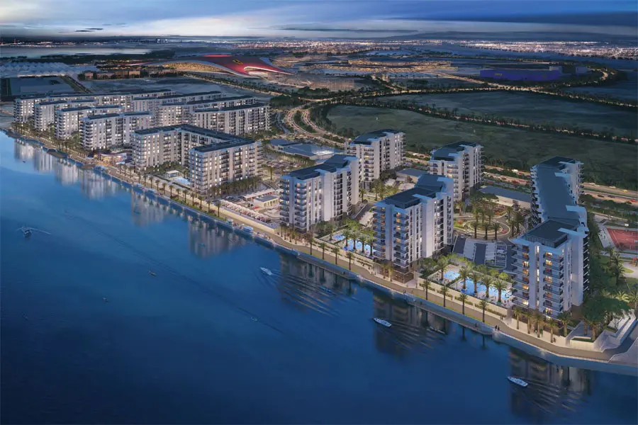 Water's Edge contemporary residential buildings overlooking the canal on Yas Island