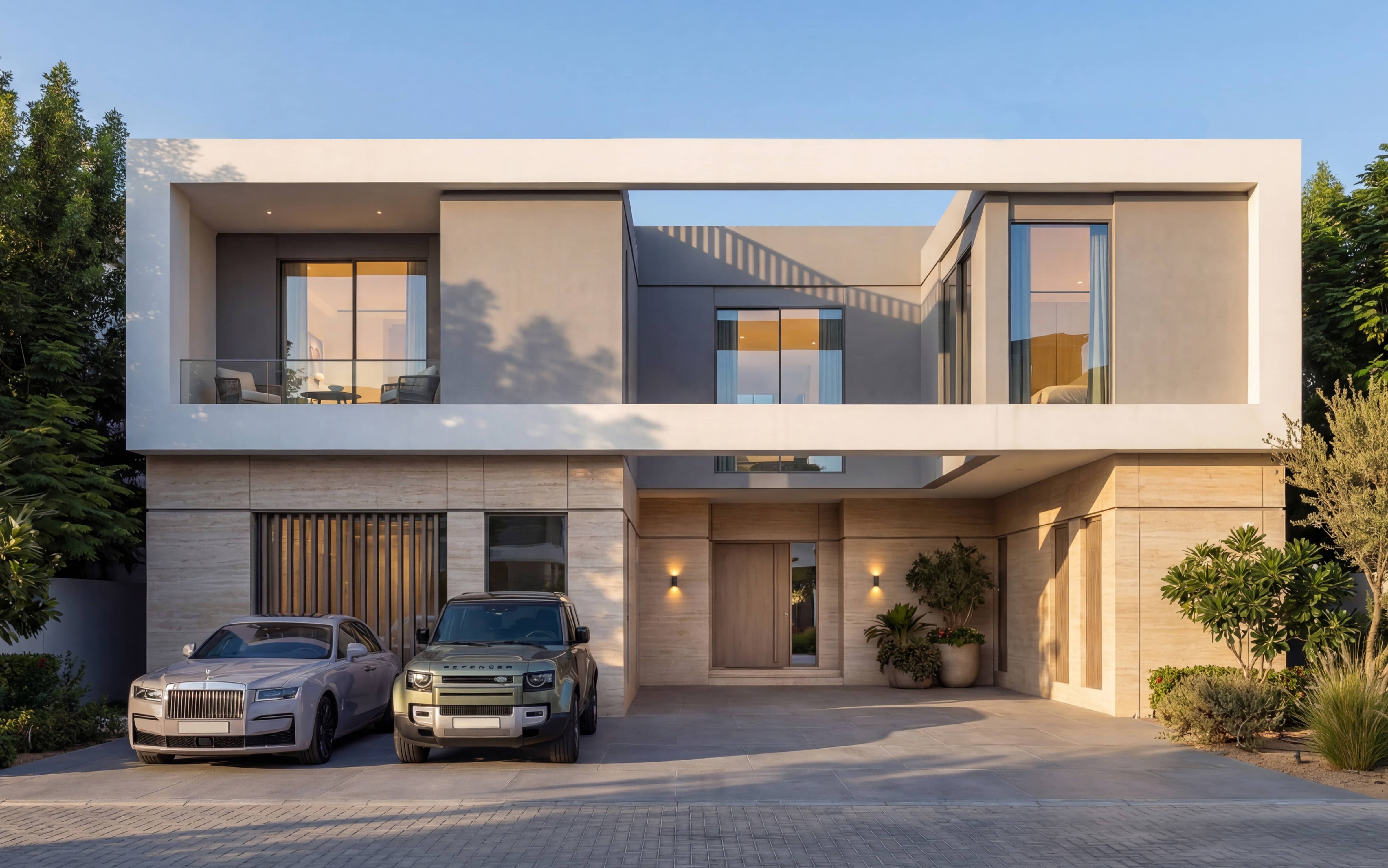 Exterior view of Sobha City Abu Dhabi Phase 1 villas showcasing modern architecture, clean lines, and luxury residential design