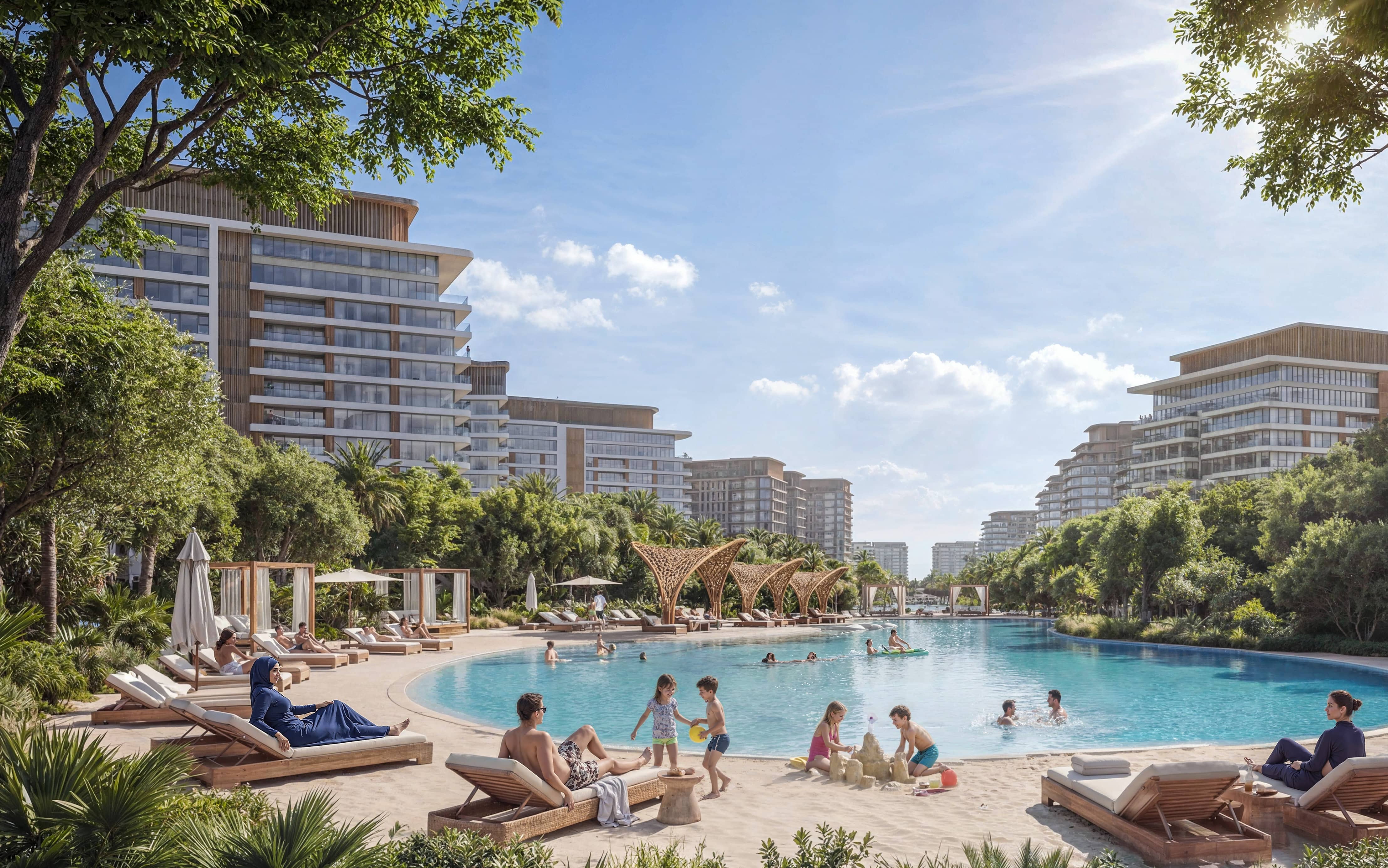 Waterfront apartment exterior at Sobha City Abu Dhabi Phase 1 overlooking the promenade with modern architectural detailing