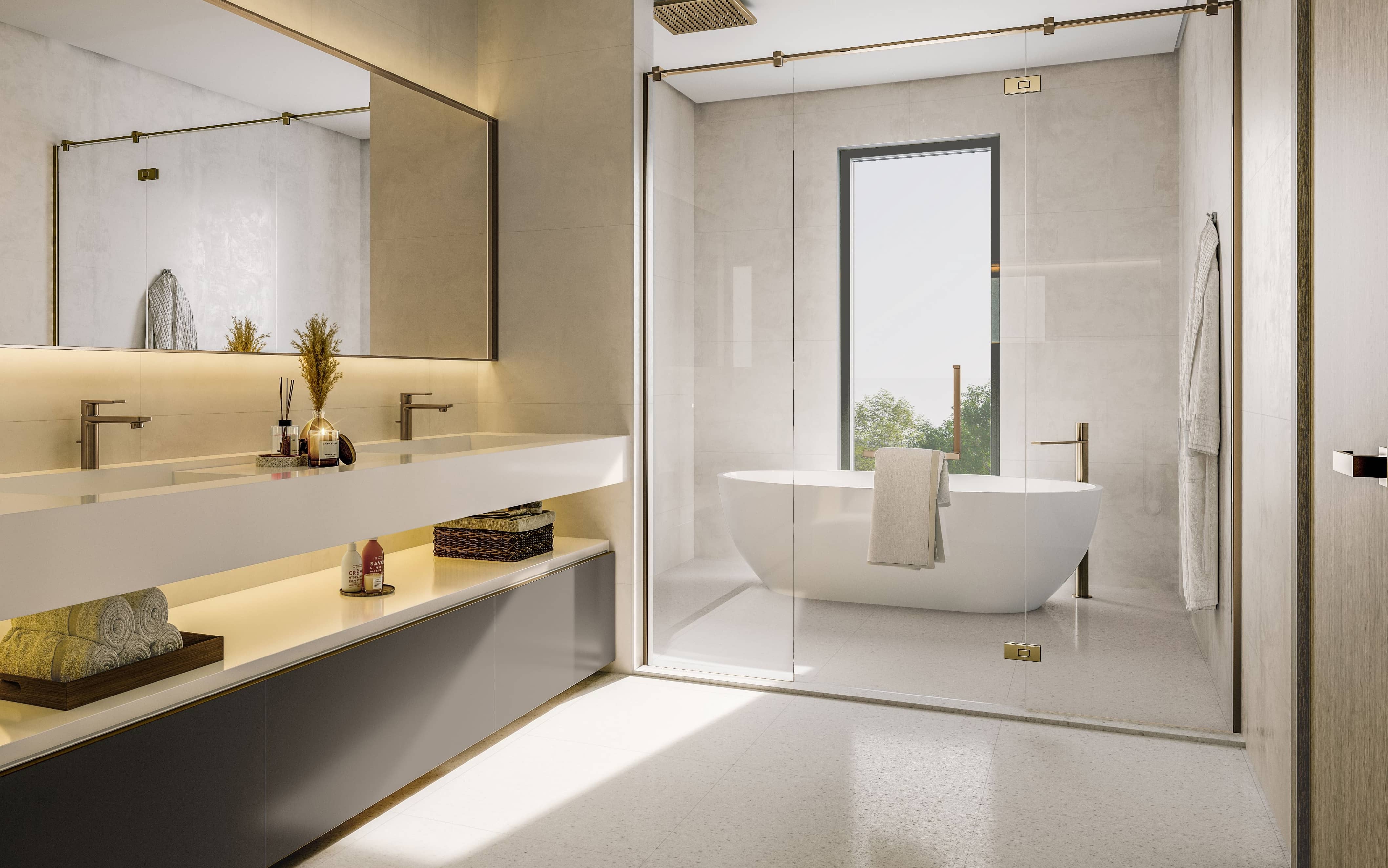 Luxury bathroom interior at Sobha City Abu Dhabi Phase 1 featuring elegant materials, modern fixtures, and spa‑inspired design.