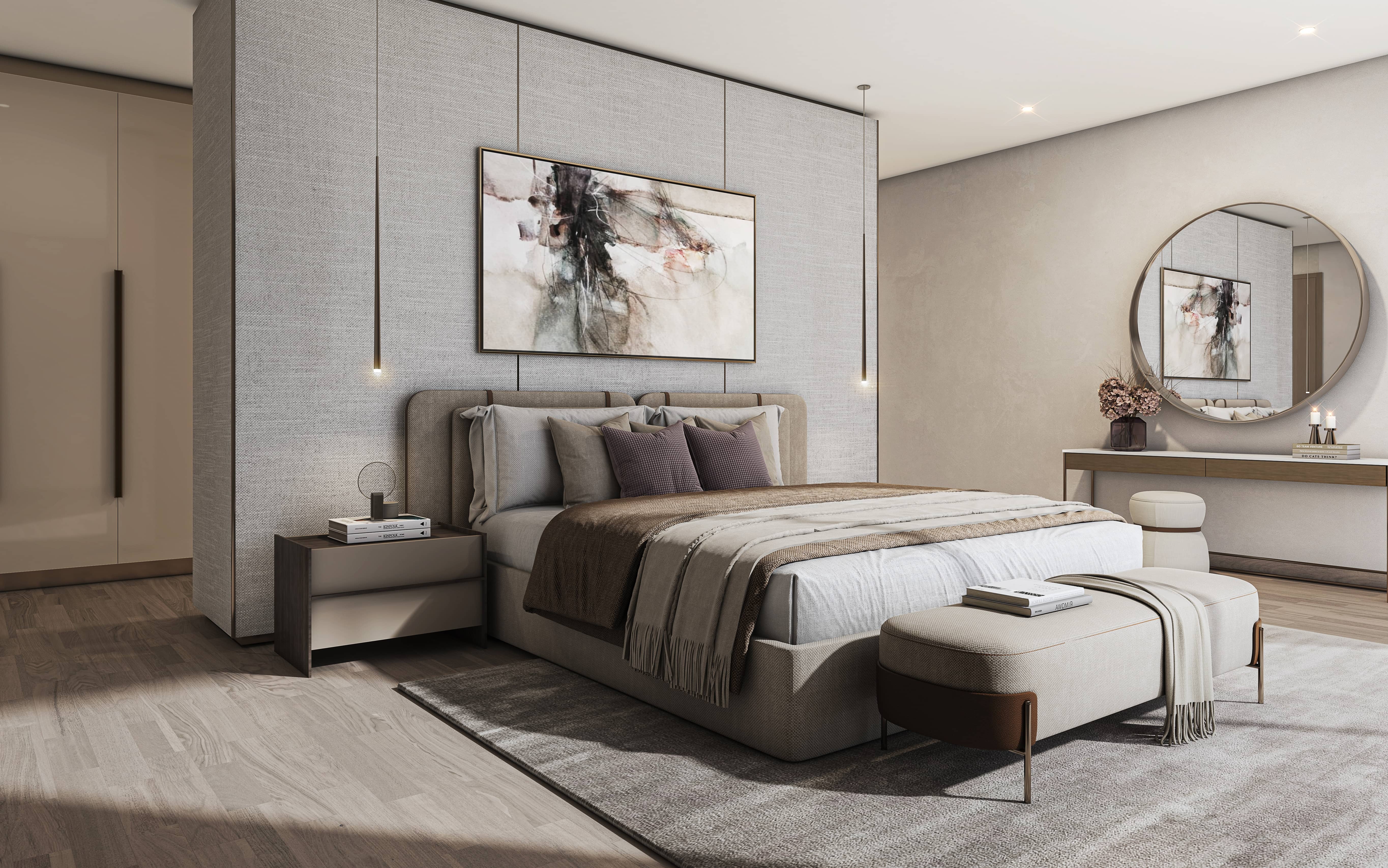 Elegant master bedroom at Sobha City Abu Dhabi Phase 1 showcasing refined interiors, natural lighting, and upscale residential comfort.