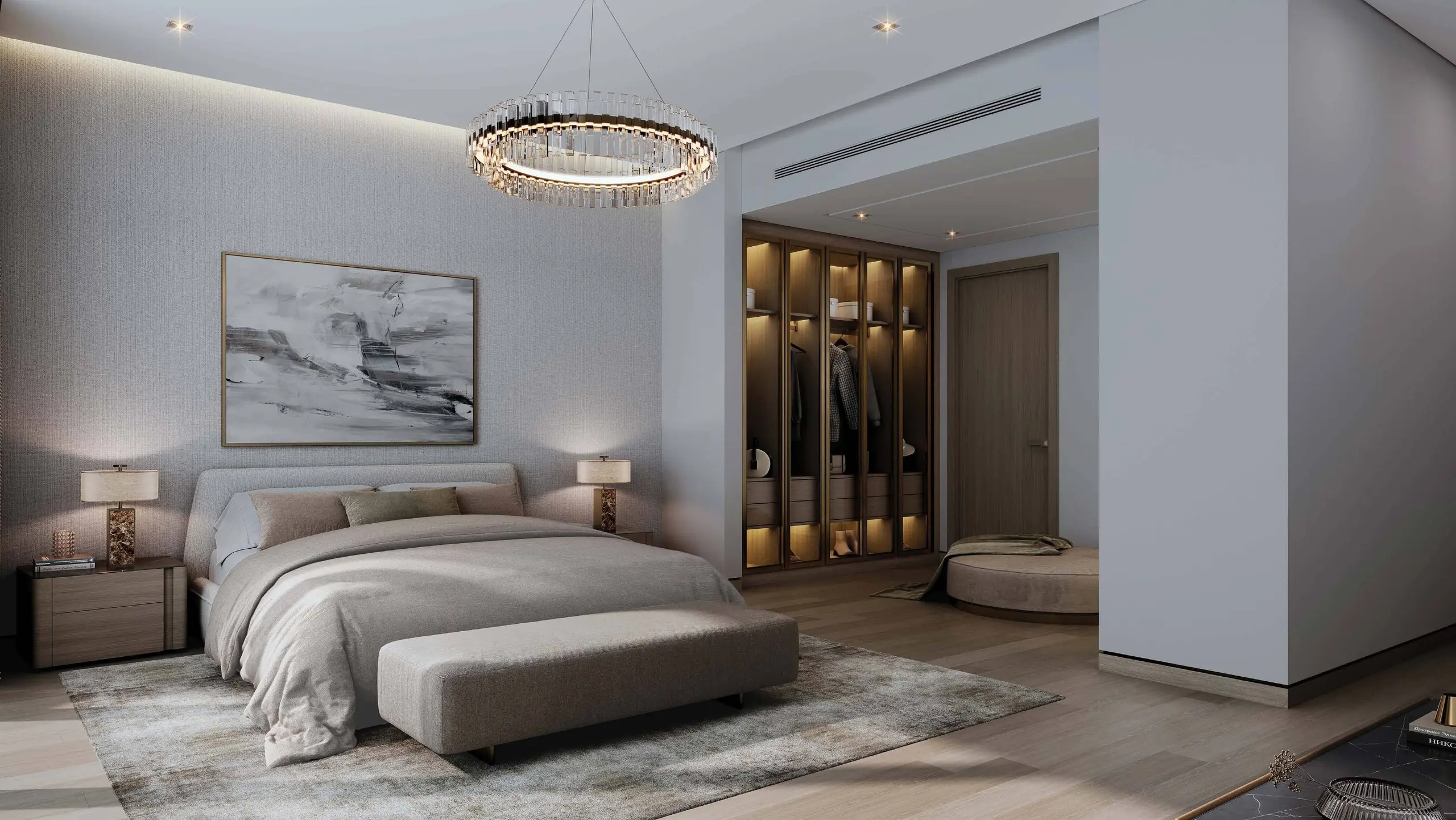 Master bedroom at The Orchard Sobha City showcasing warm tones, expansive layouts, and serene views of landscaped greenery.
