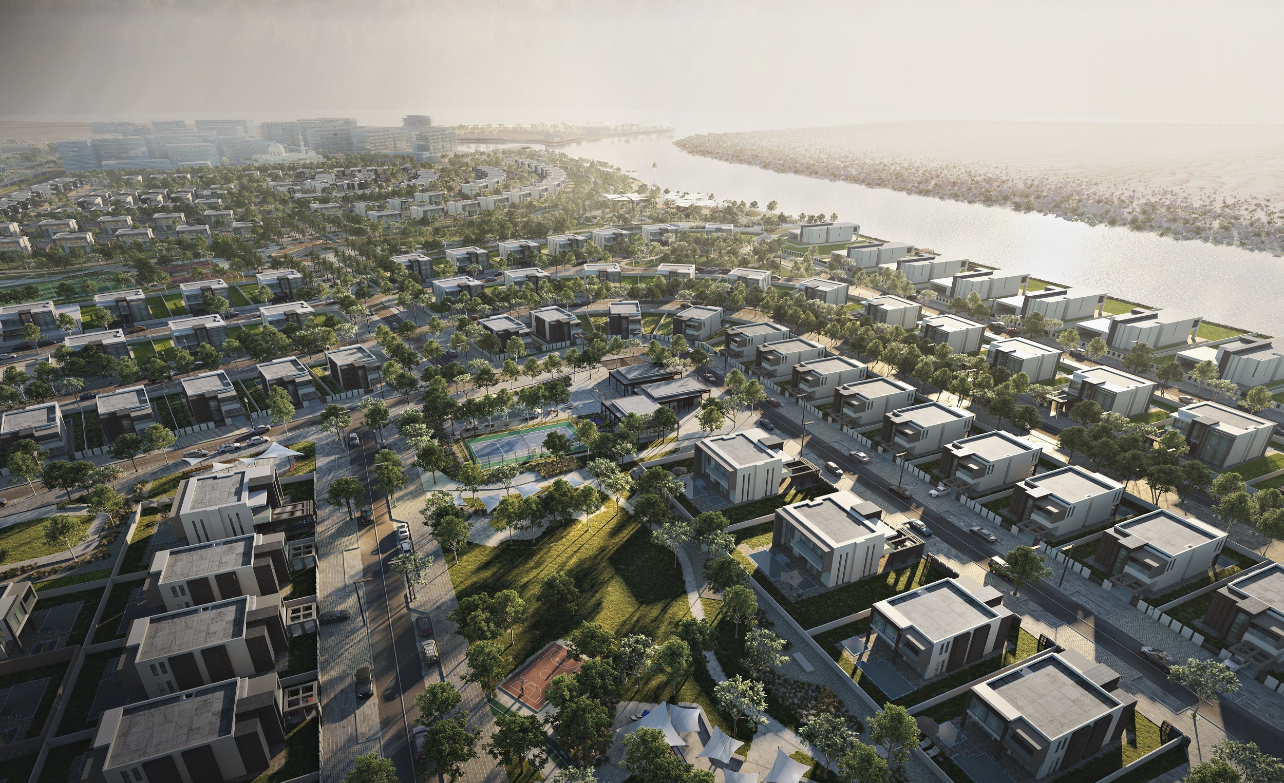 Shaded seating and landscaped green belts surrounding LEA custom villa plots on Yas Island.