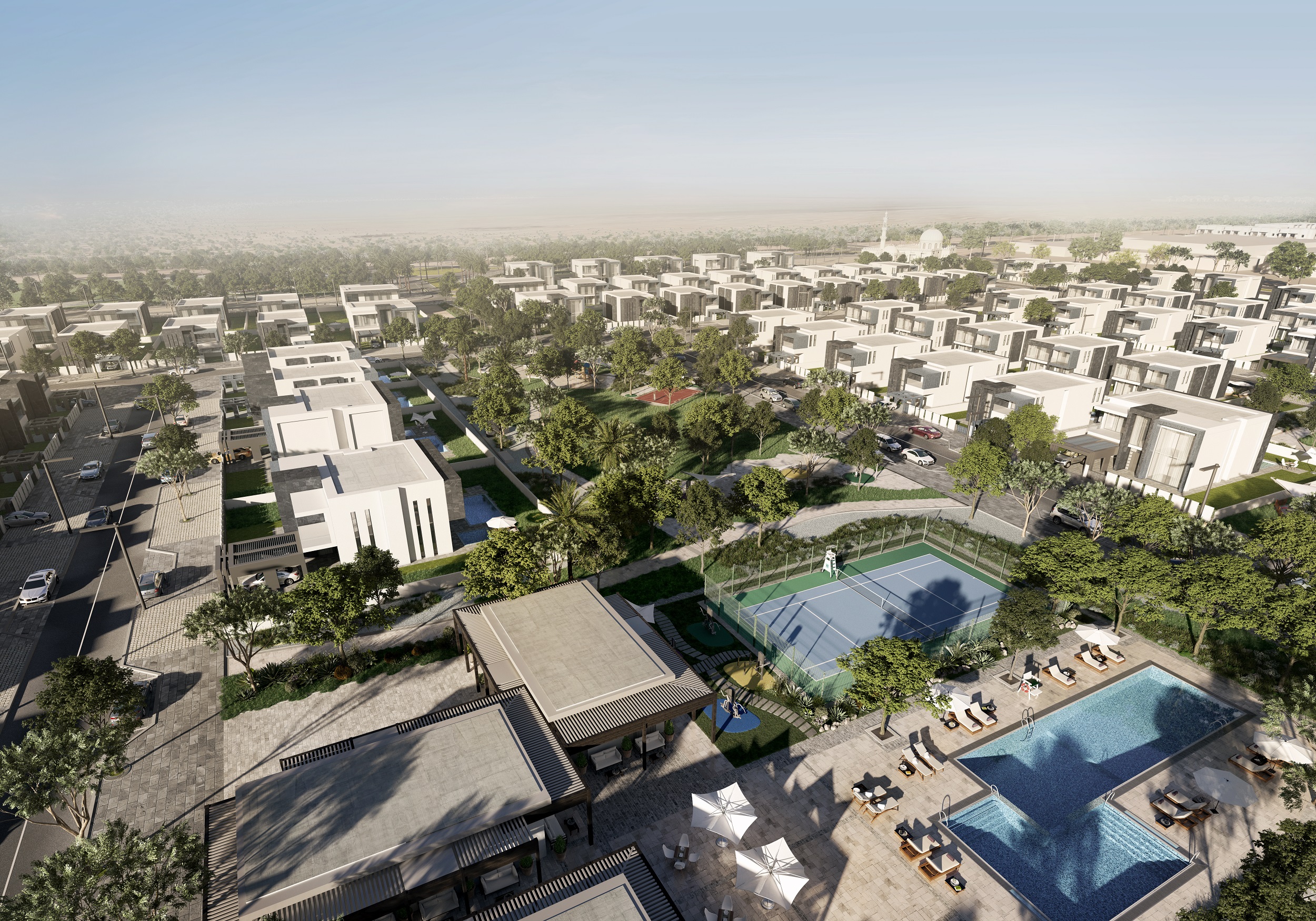Designer kitchen with marble countertops and premium appliances in LEA Yas Island waterfront villas by Aldar.