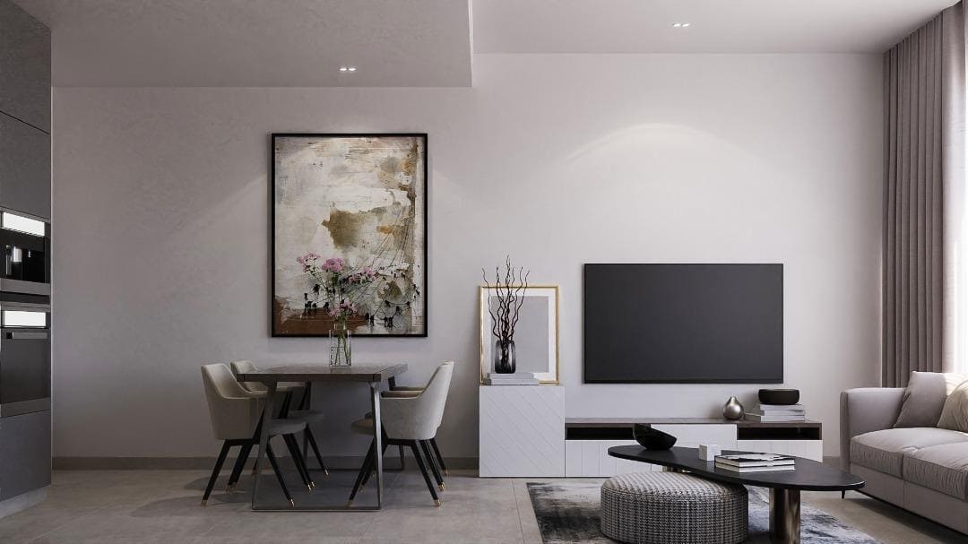 Modern living room interior at Mayyas at The Bay on Yas Island Abu Dhabi featuring elegant finishes and contemporary design.