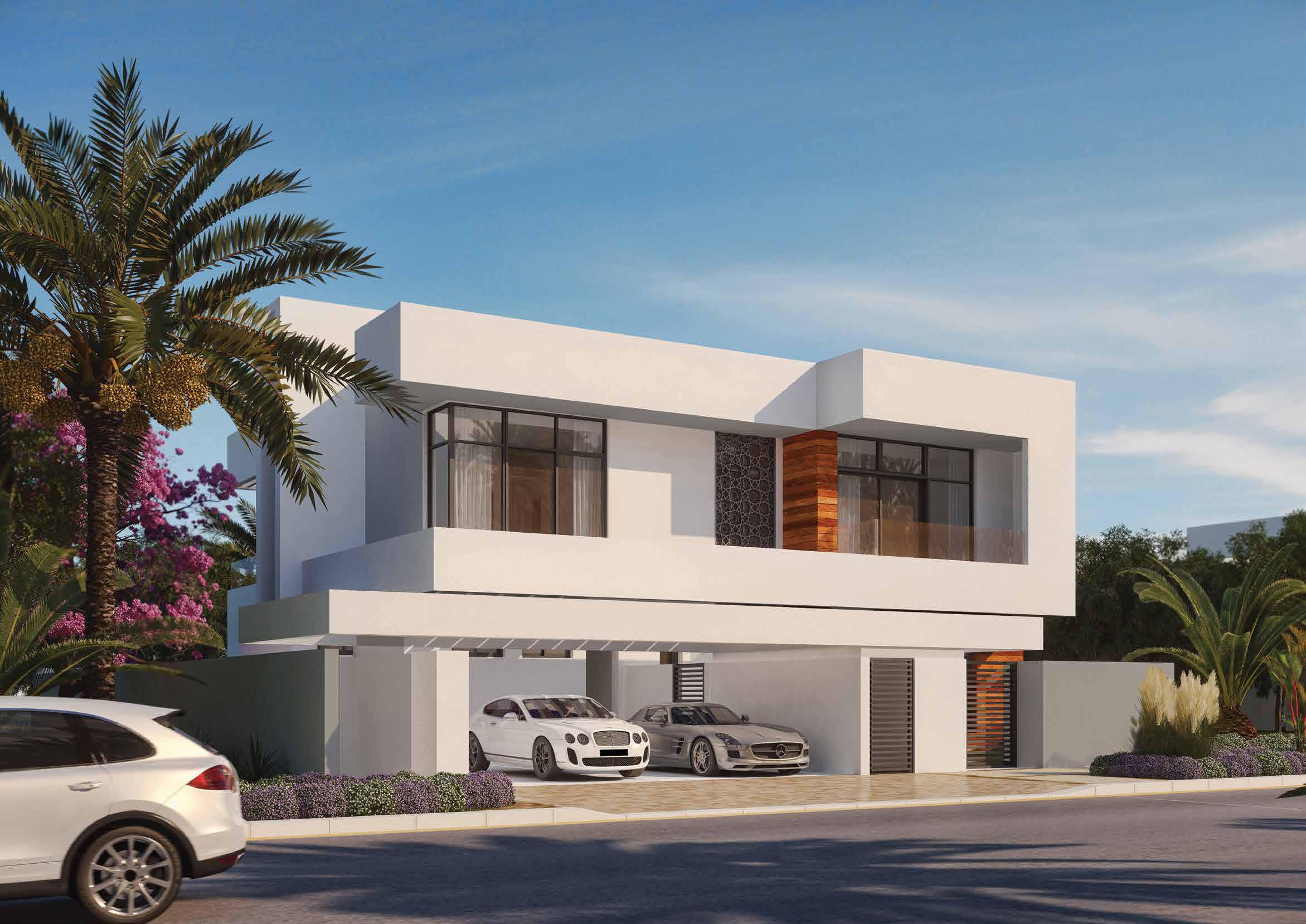 Side view of 4-bedroom villa in West Yas, Yas Island, Abu Dhabi showing private entrance and landscaped front yard