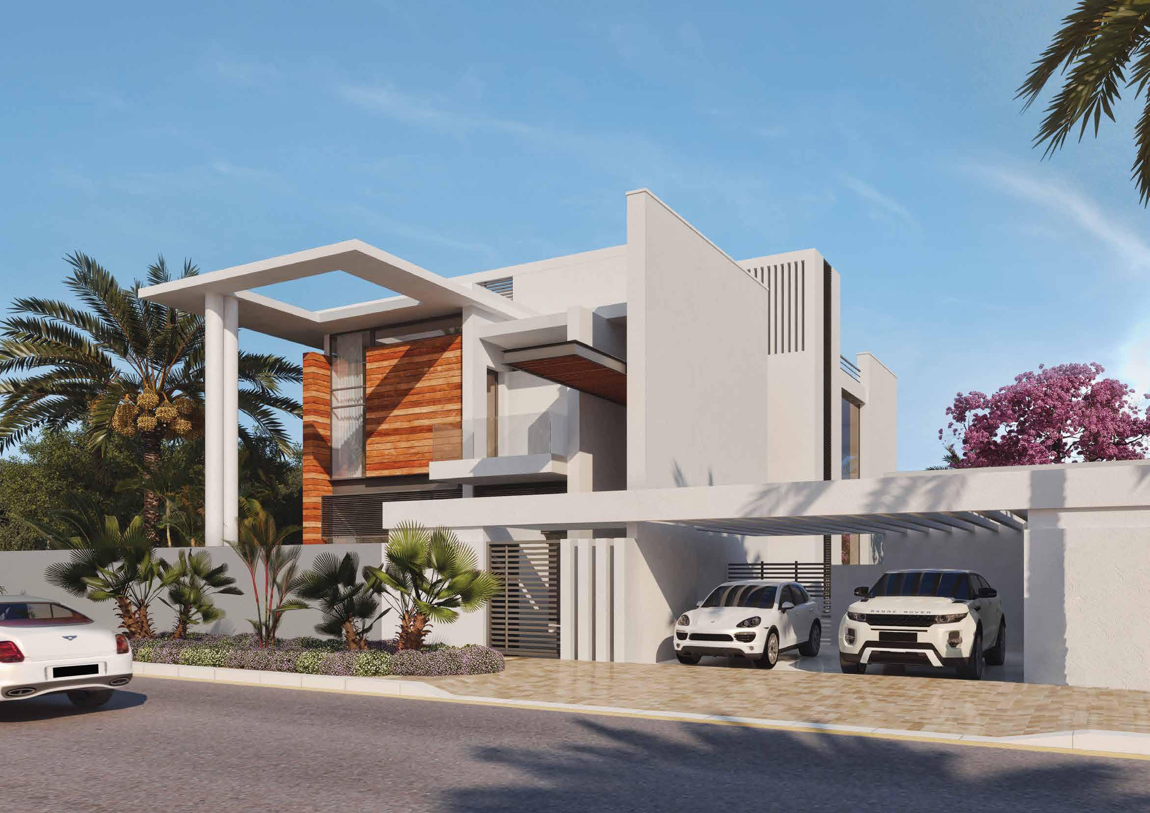 Night view of West Yas villas, Yas Island, Abu Dhabi illuminated with warm exterior lighting
