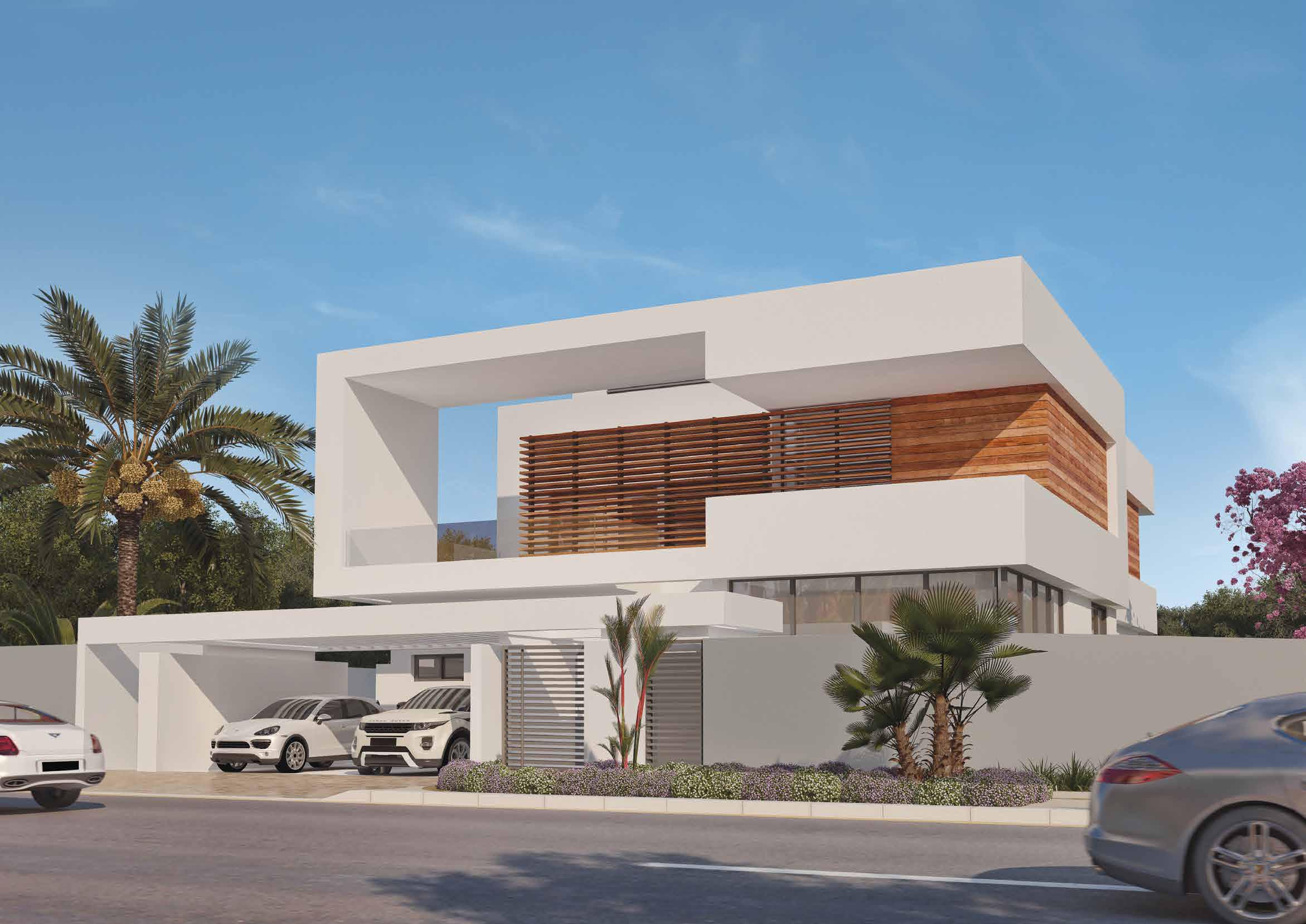 Front view of 5-bedroom villa in West Yas, Yas Island, Abu Dhabi with Emirati motifs and modern lines