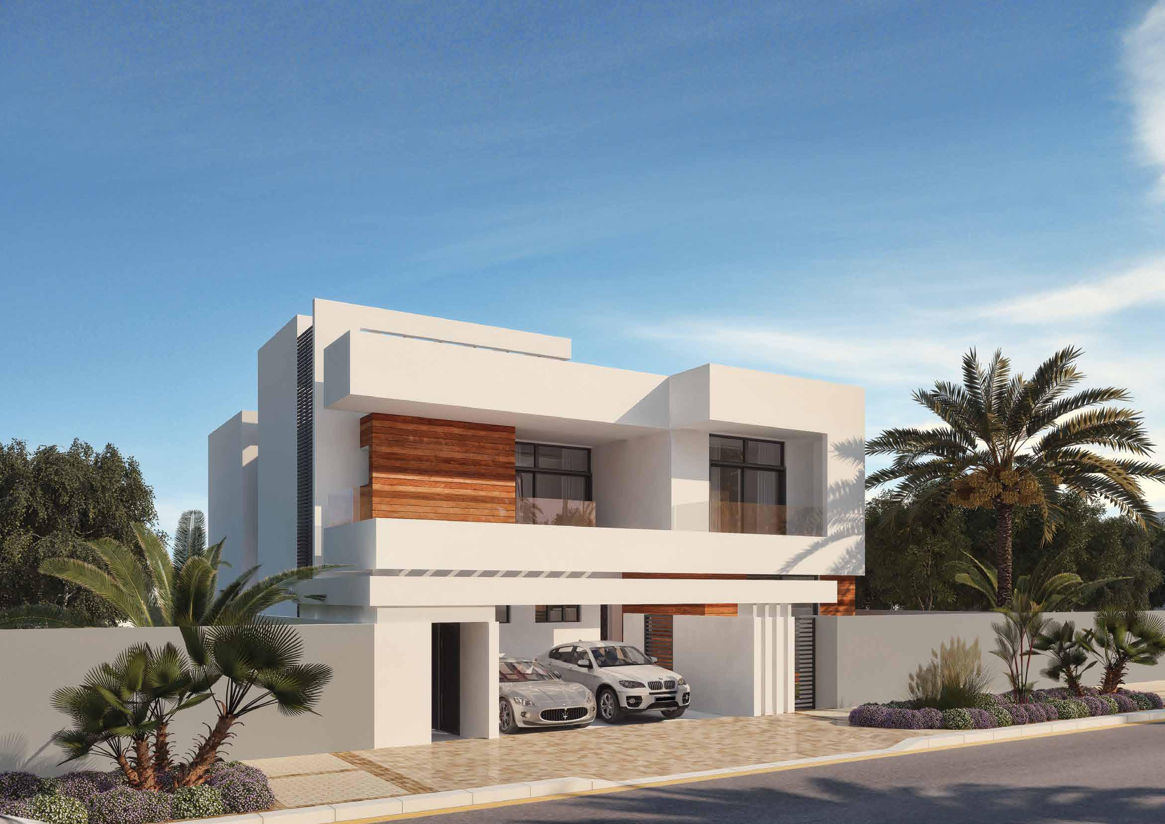 Side view of 4-bedroom villa in West Yas, Yas Island, Abu Dhabi showing private entrance and landscaped front yard