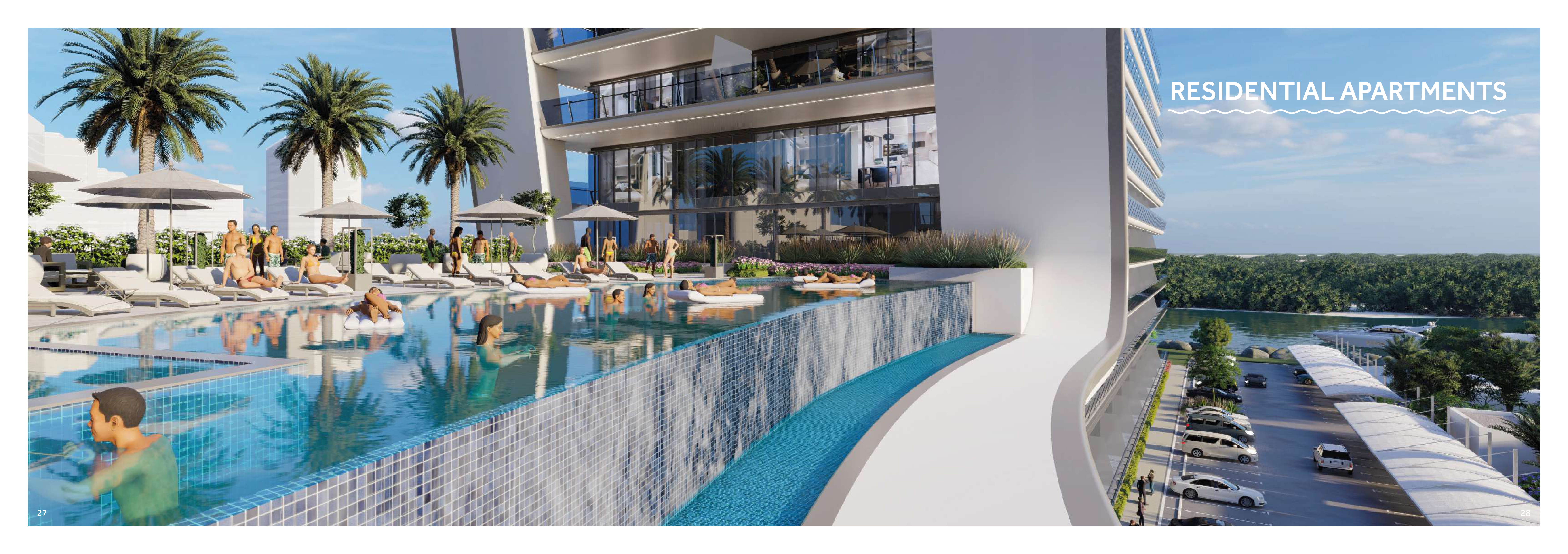 A ground-level shot highlighting the infinity-edge swimming pool at the building’s base, bordered by lounge areas and the residence rising behind with its layered white balconies and floor-to-ceiling windows.