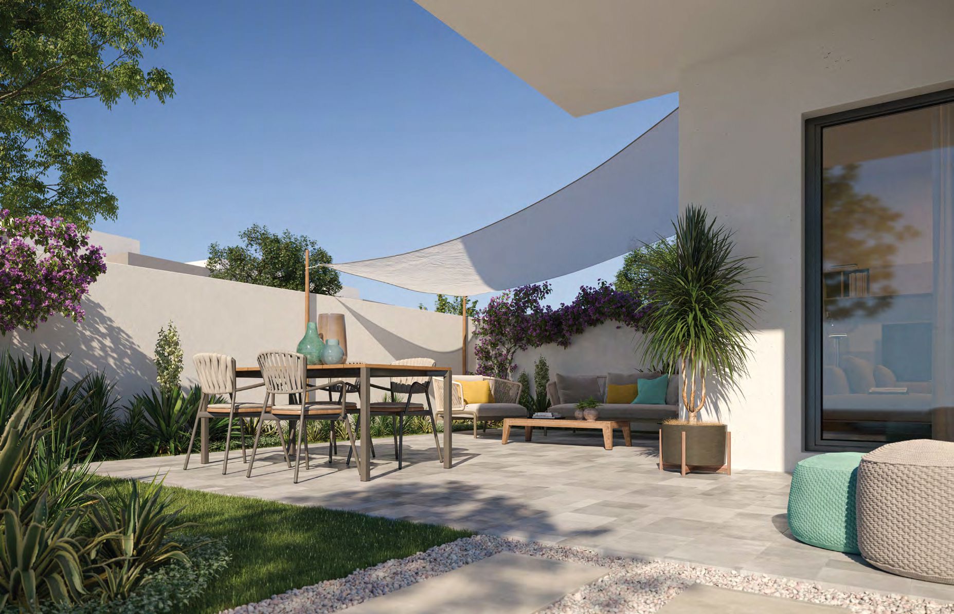 Noya Yas Island landscaped streets with townhouses and lush greenery, Yas Island community living