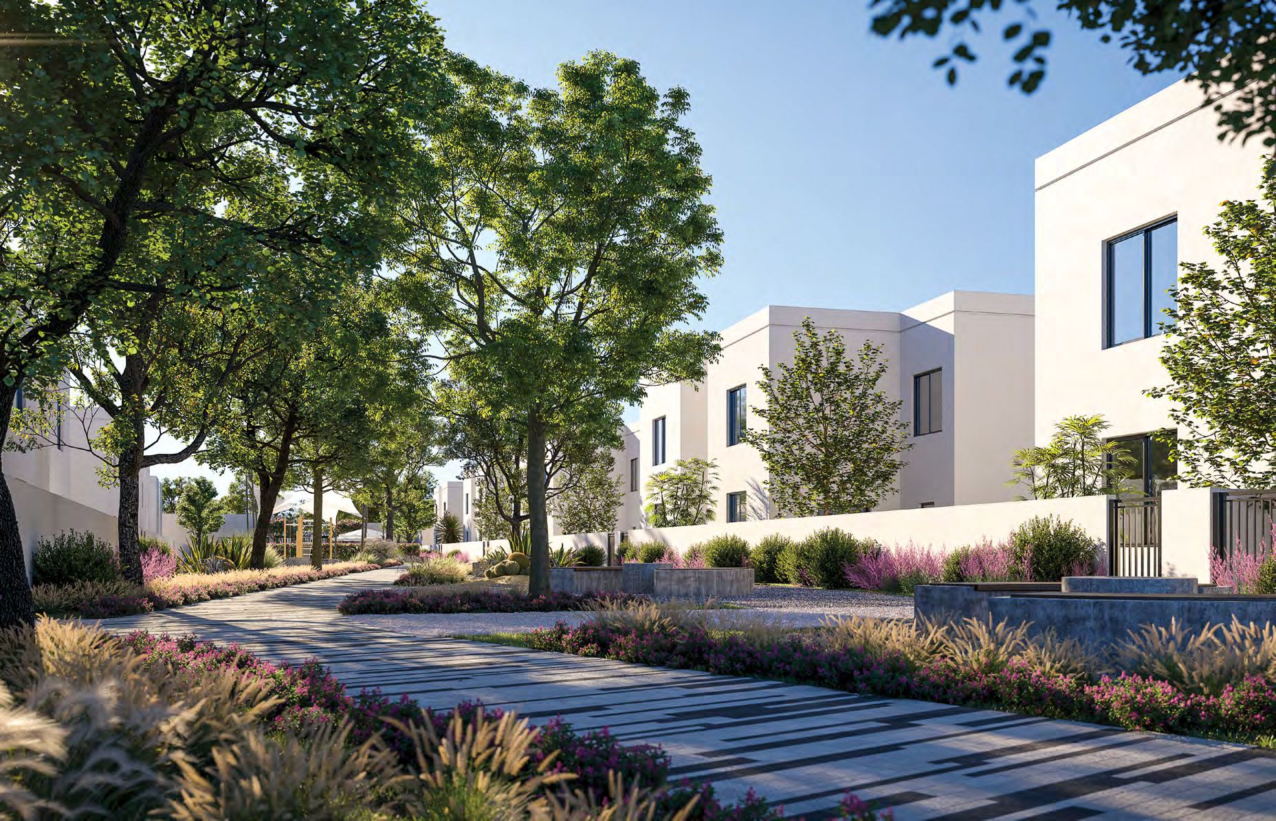 Noya Yas Island aerial view of modern villas and communal gardens on Yas Island