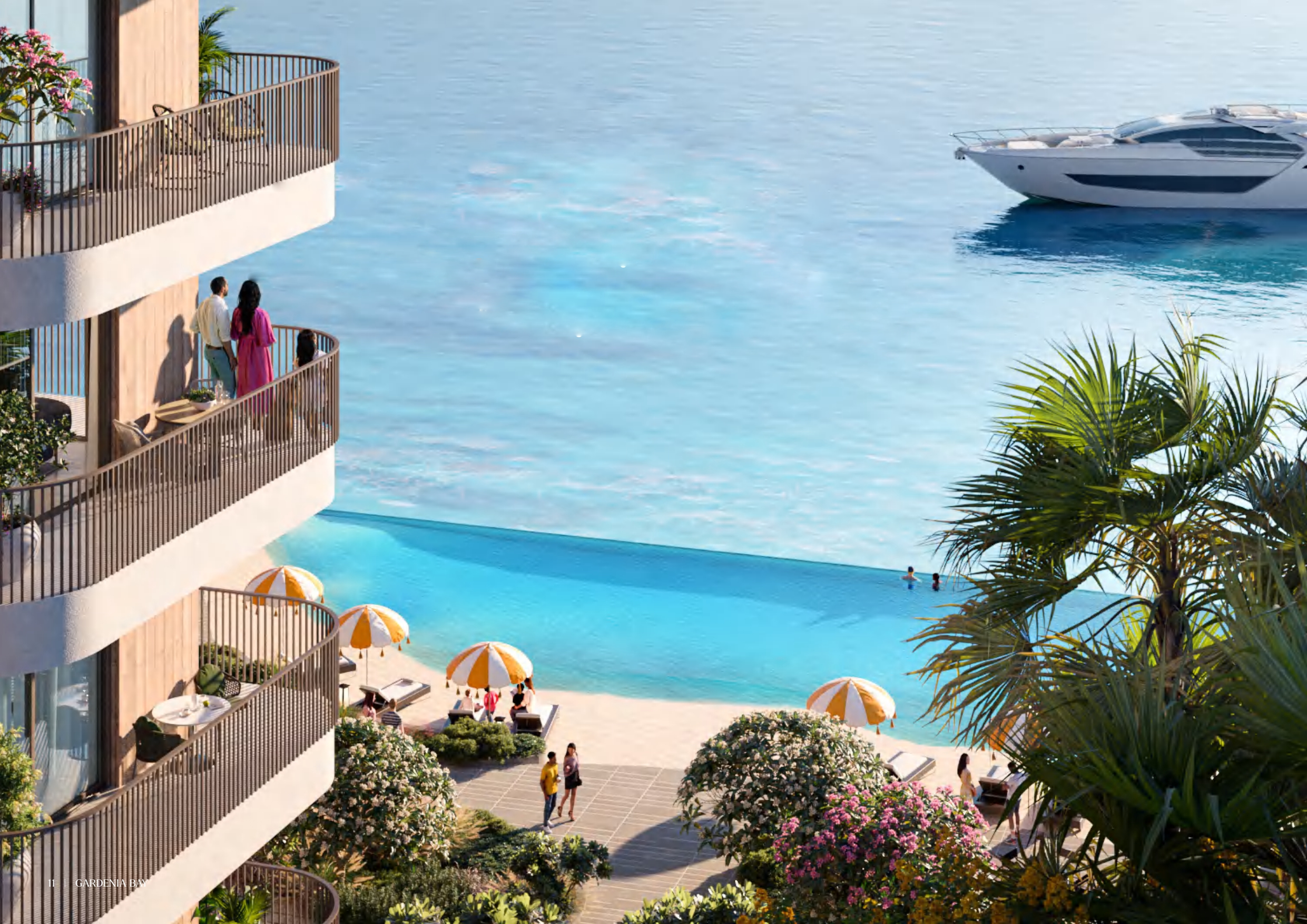 Contemporary exterior architecture of Gardenia Bay Yas Island luxury residential buildings.