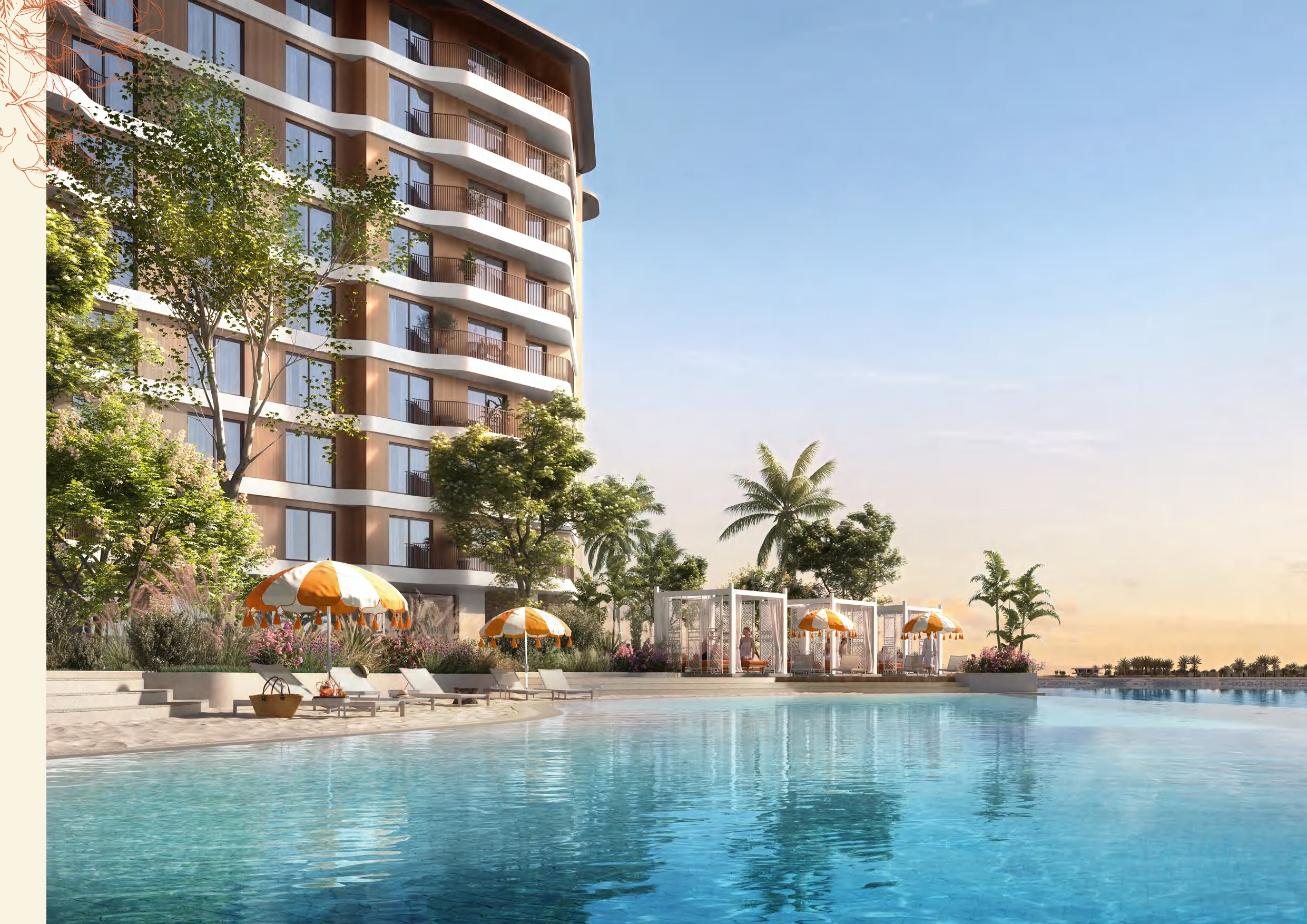 Stunning façade of Gardenia Bay Yas Island residences overlooking Abu Dhabi Yas Island waterfront.