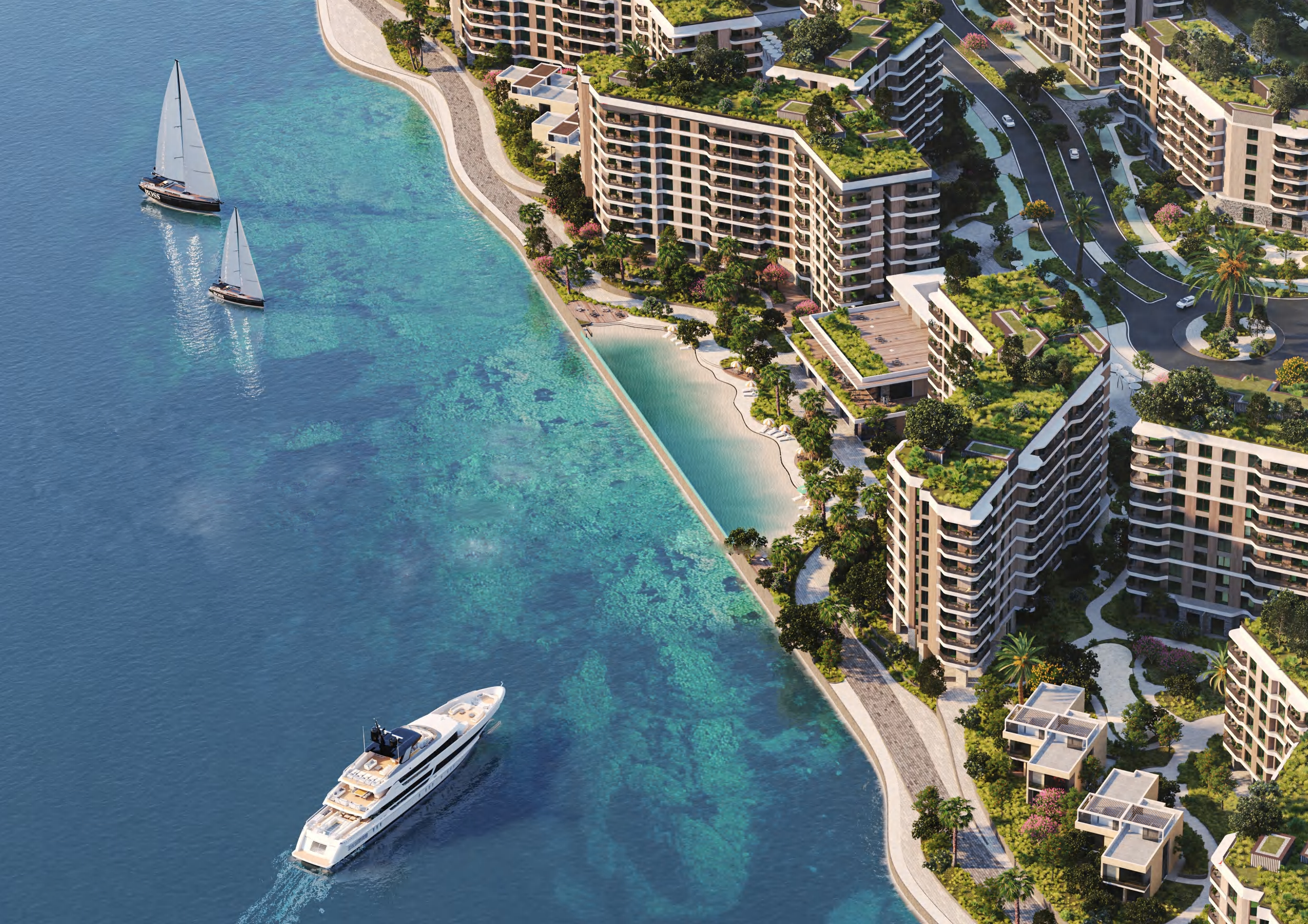 Waterfront building exteriors of Gardenia Bay Yas Island project with modern architectural design.