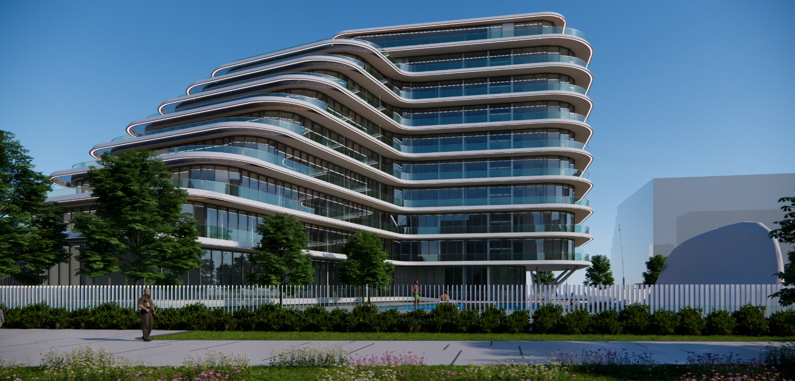 Aerial view of Novayas by NORD on Yas Island showcasing modern architecture, landscaped greenery, and premium luxury apartment living.