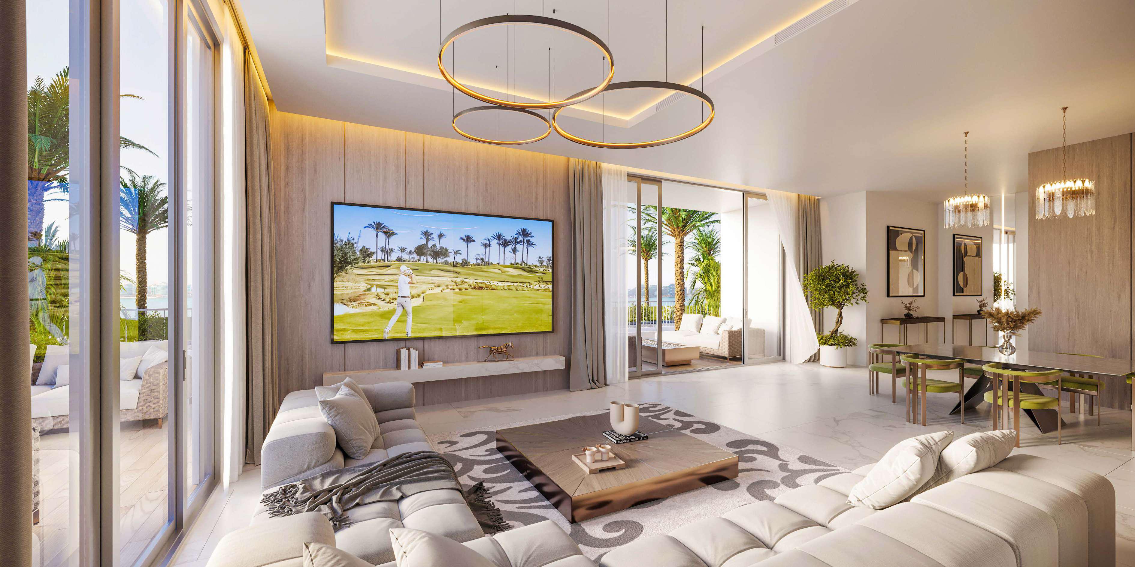 Yas Bay Residences sleek modern living room interior with panoramic waterfront views and luxury coastal design in Yas Island Abu Dhabi.