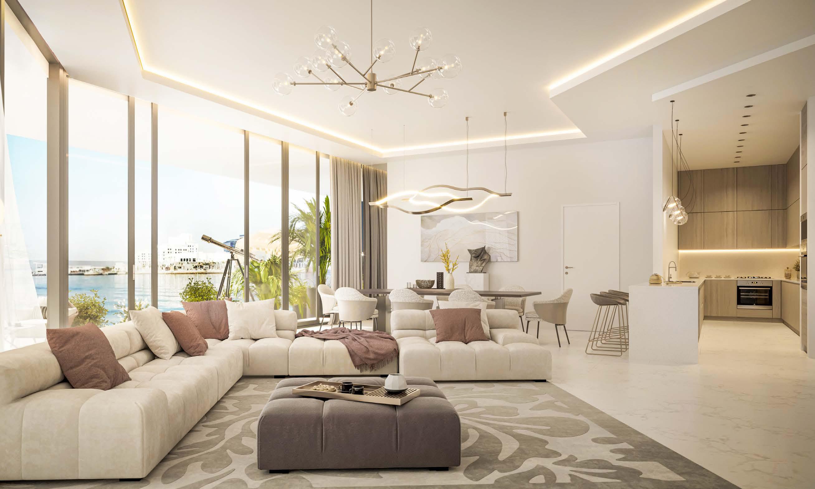 Elegant open-plan kitchen and living space at Yas Bay Residences Abu Dhabi showcasing premium finishes and contemporary luxury lifestyle design.