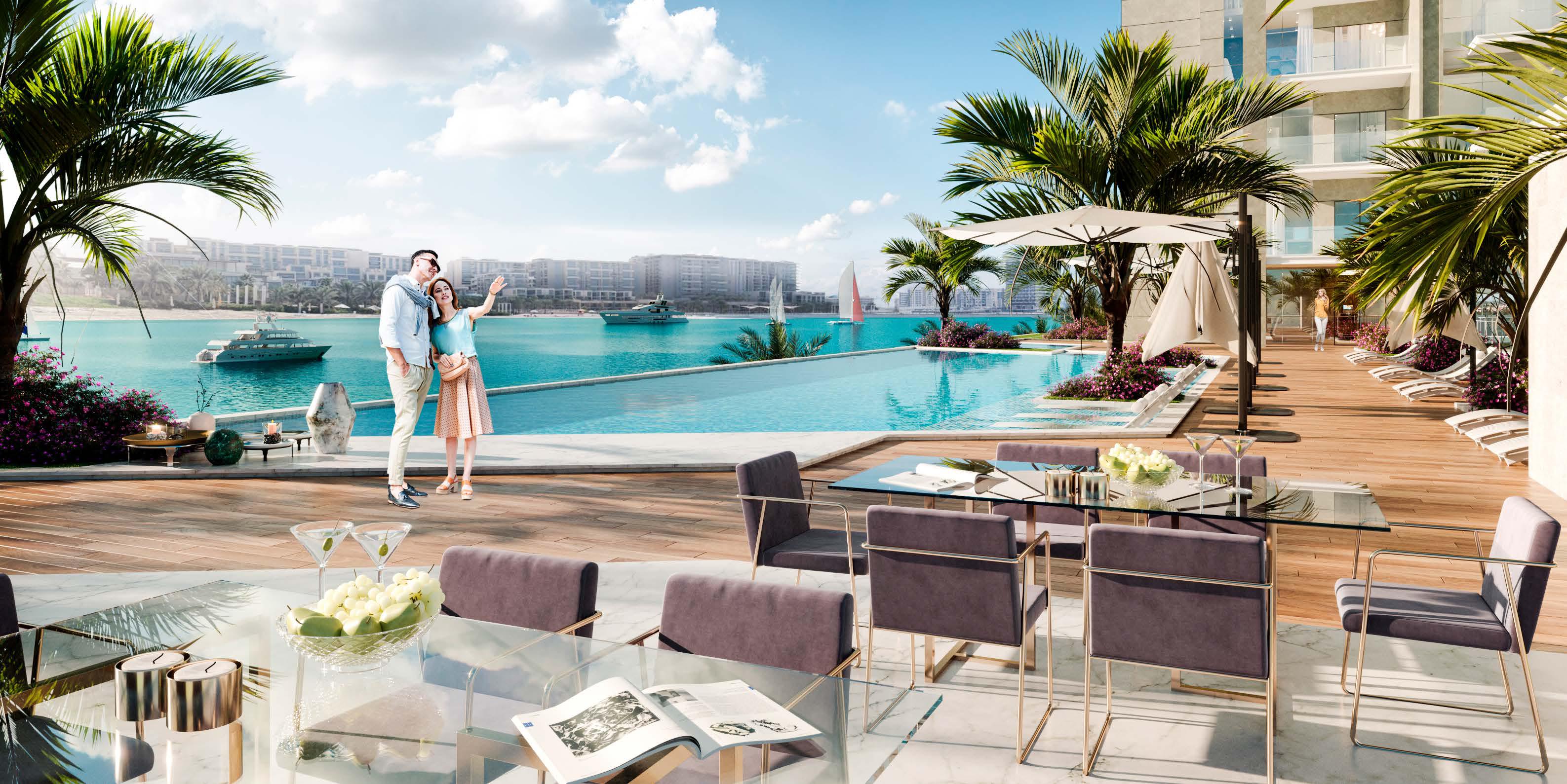 Sunset view of Yas Bay Residences building at Yas Island Abu Dhabi highlighting luxury residential tower and waterfront lifestyle appeal.