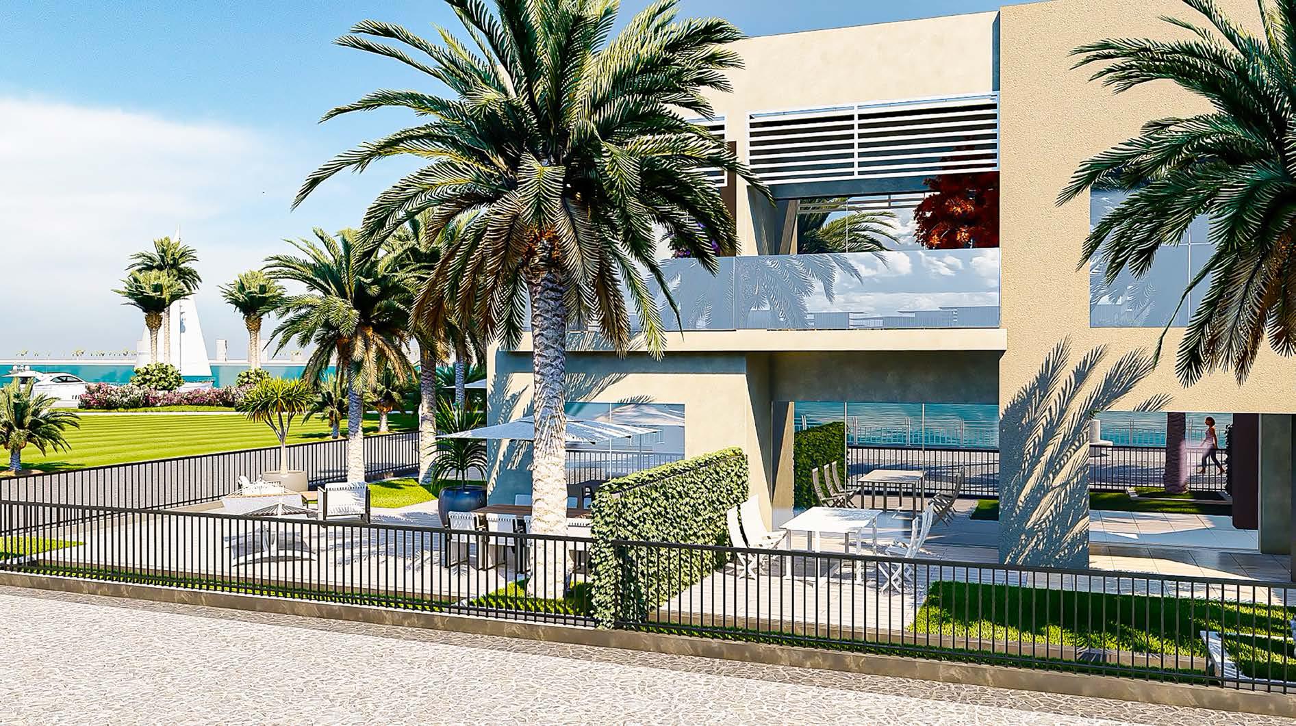 Modern exterior façade of The Bay Residence Yas Island Abu Dhabi showcasing premium real estate design along Yas Bay marina promenade.