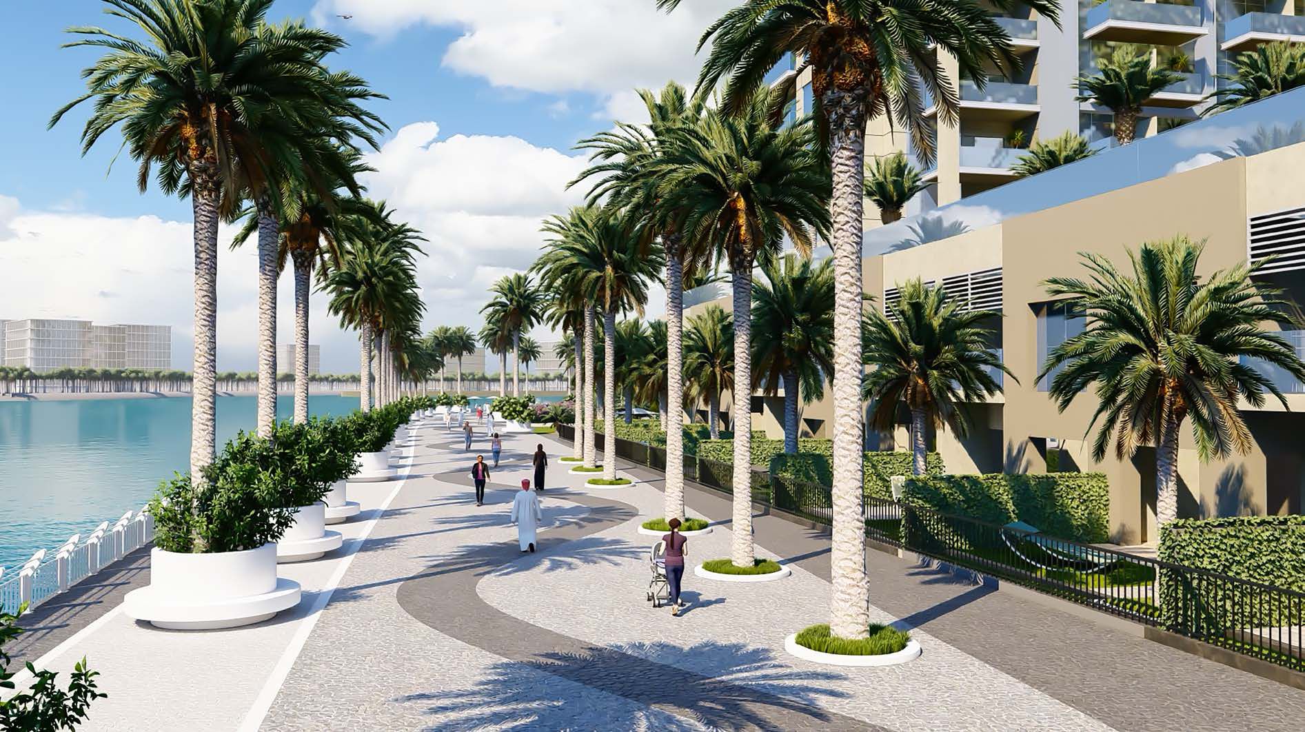 Yas Bay Residences waterfront exterior view in Yas Island Abu Dhabi with contemporary luxury architecture and Arabian Gulf scenic backdrop.