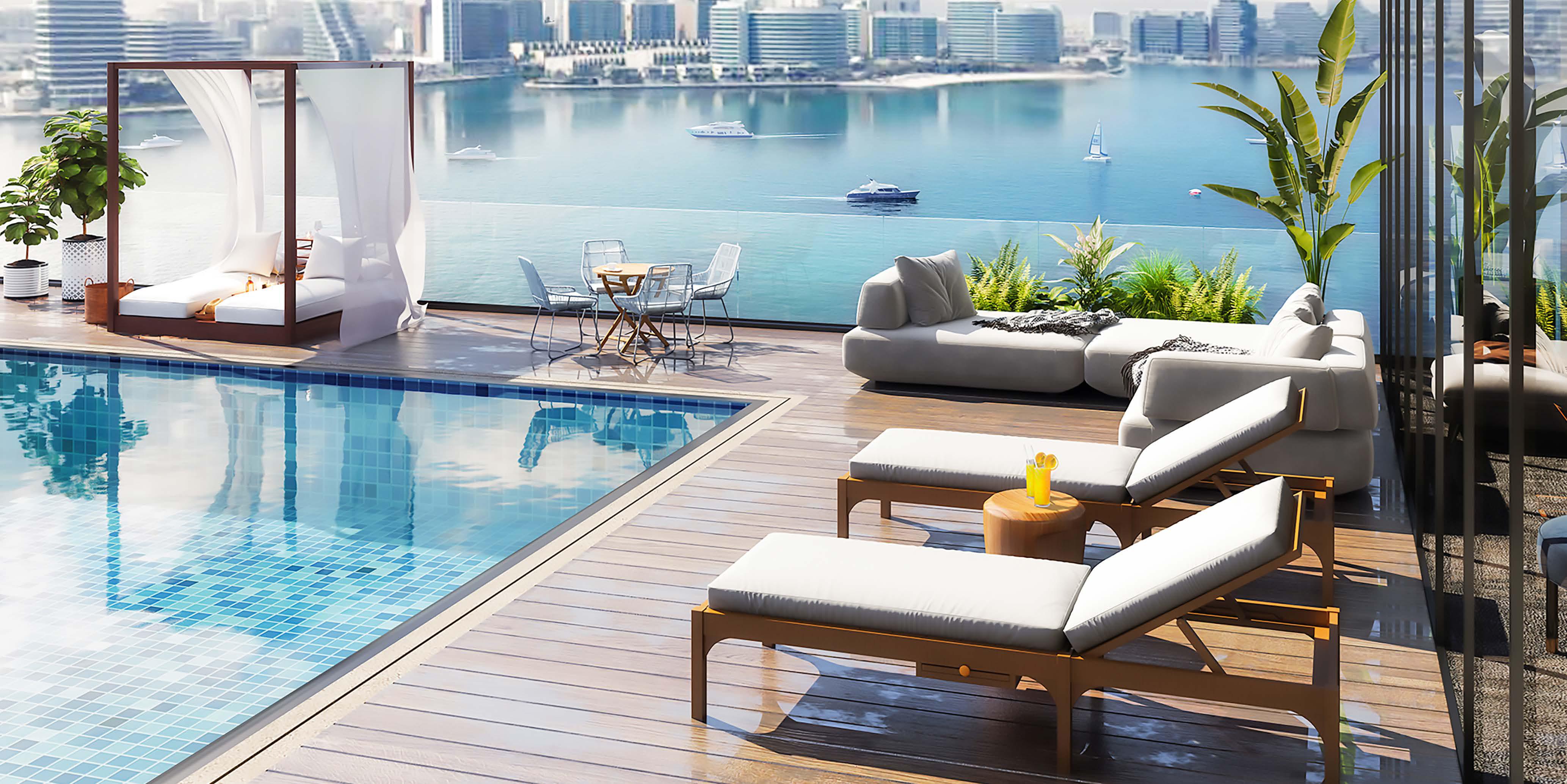 Street-level exterior of The Bay Residence in Yas Bay Abu Dhabi capturing landscaped outdoor spaces with modern architectural elegance.