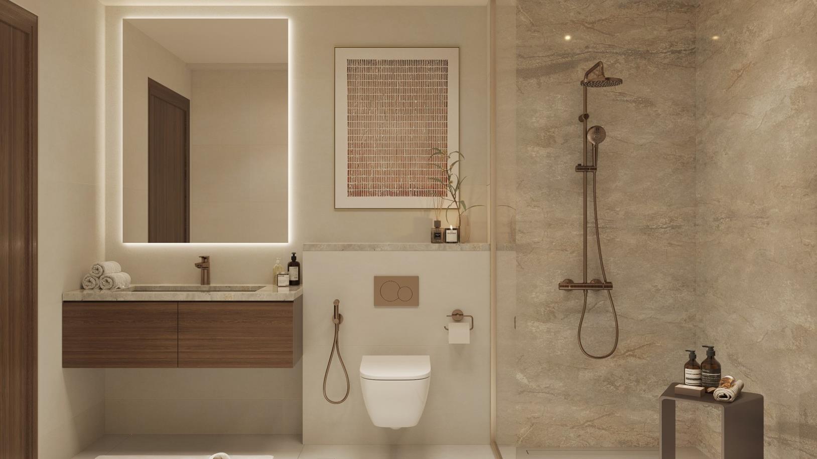 Bathroom interior at Yas Acres The Orchids Yas Island Abu Dhabi, featuring clean lines, soft lighting, and high‑quality contemporary finishes.