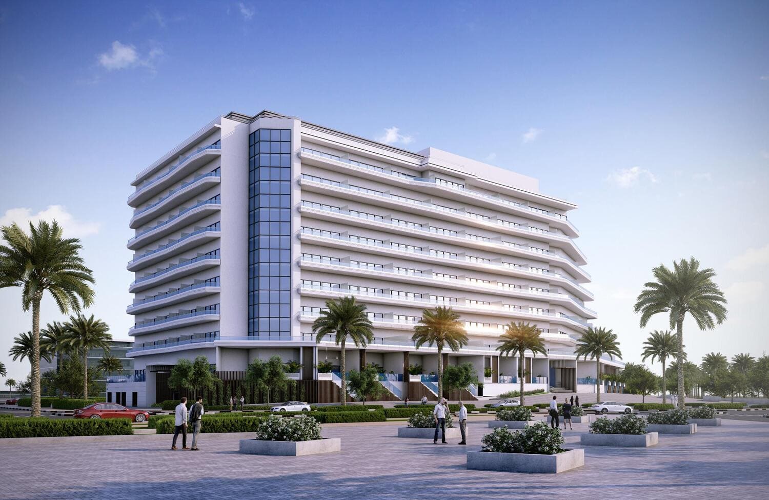 Contemporary exterior view of Mayyas at The Bay on Yas Island Abu Dhabi with luxury apartments and landscaped surroundings.