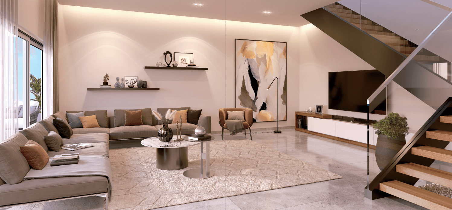 Modern living room interior at Mayyas at The Bay on Yas Island Abu Dhabi featuring elegant finishes and contemporary design.
