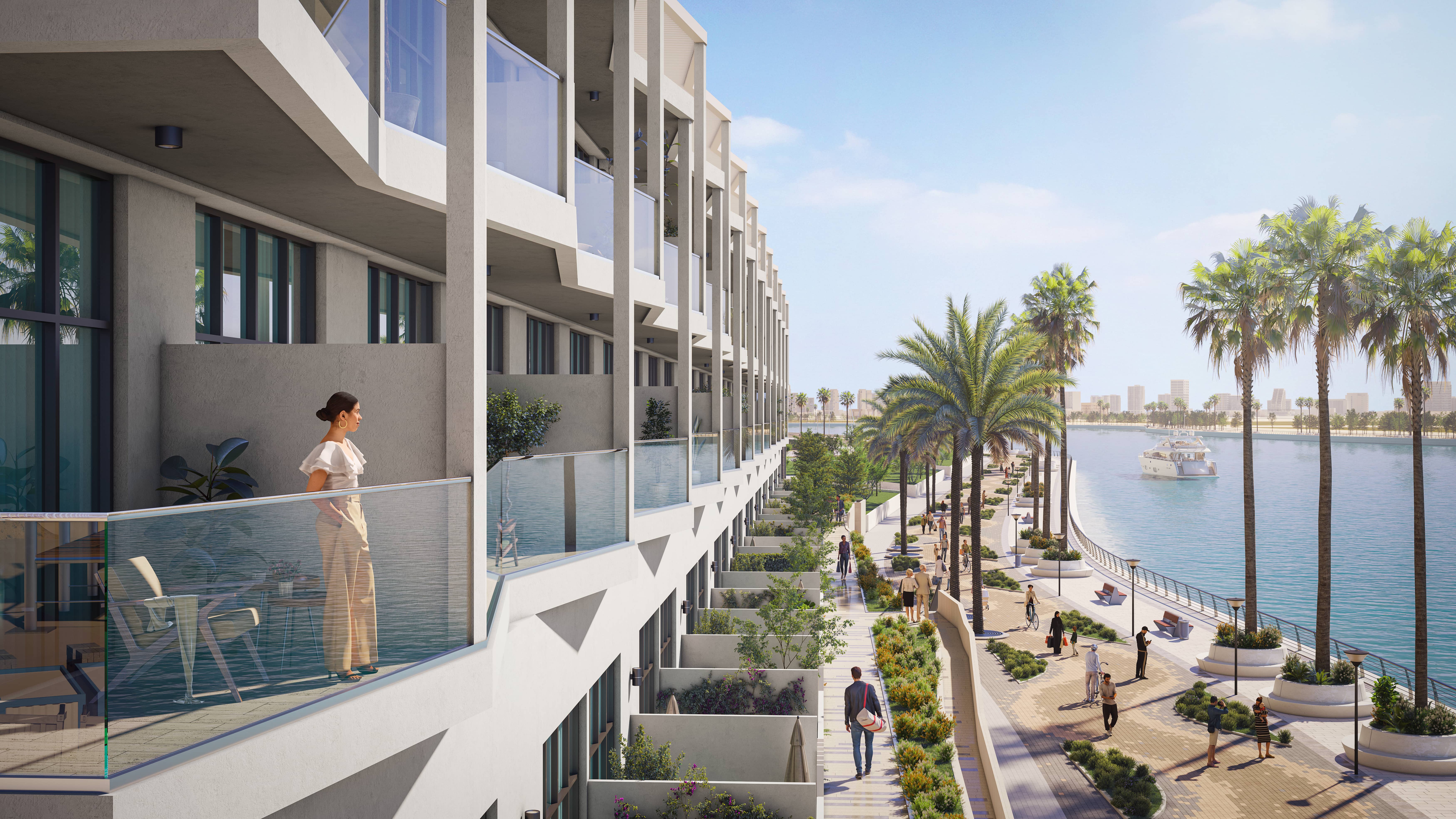 Perla 3 Reportage Properties architectural exterior building facade on Yas Island Abu Dhabi featuring luxury glass balconies and waterfront views