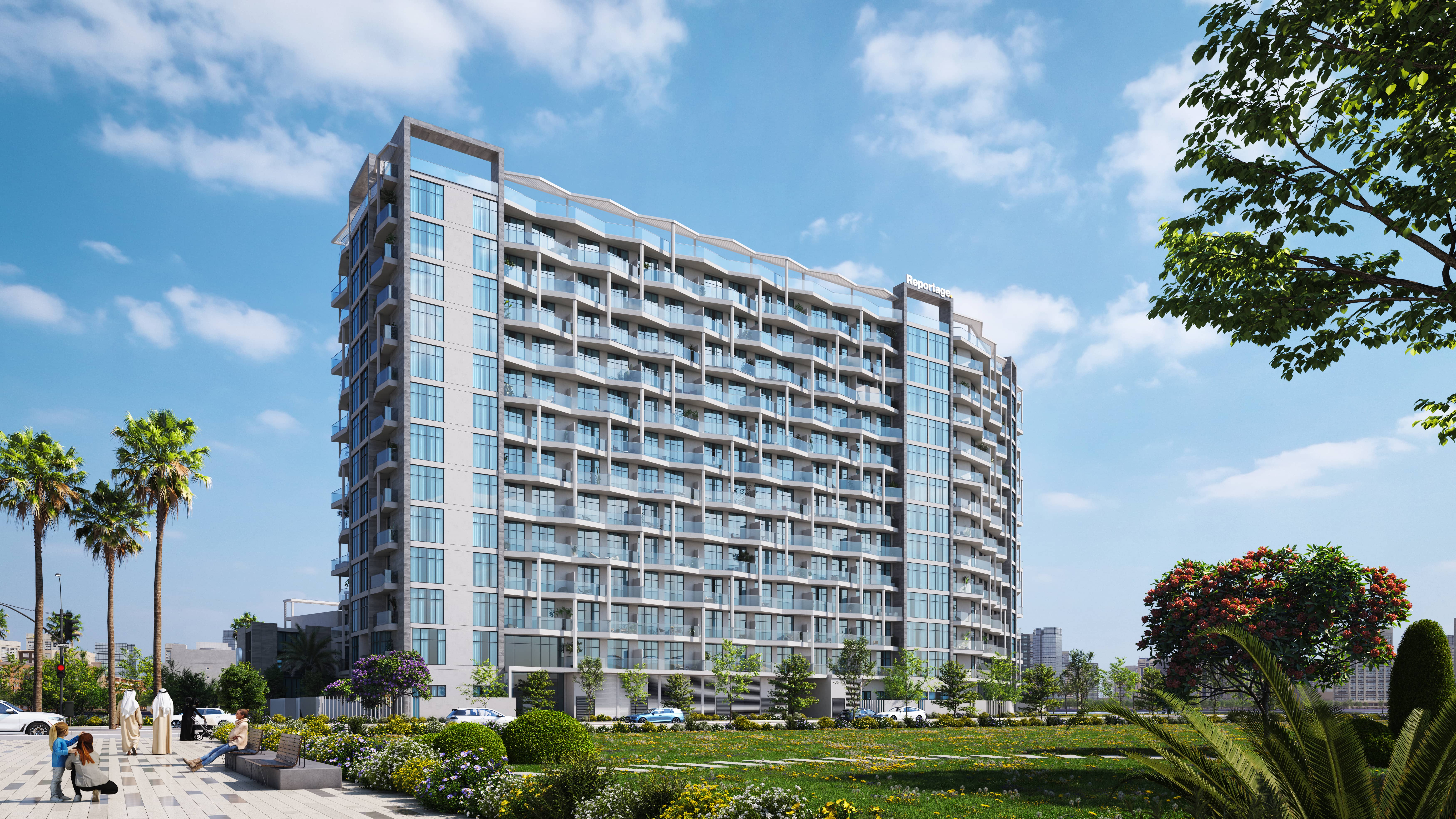 Illuminated evening exterior view of Perla 3 residential tower on Yas Island Abu Dhabi showcasing luxury coastal design