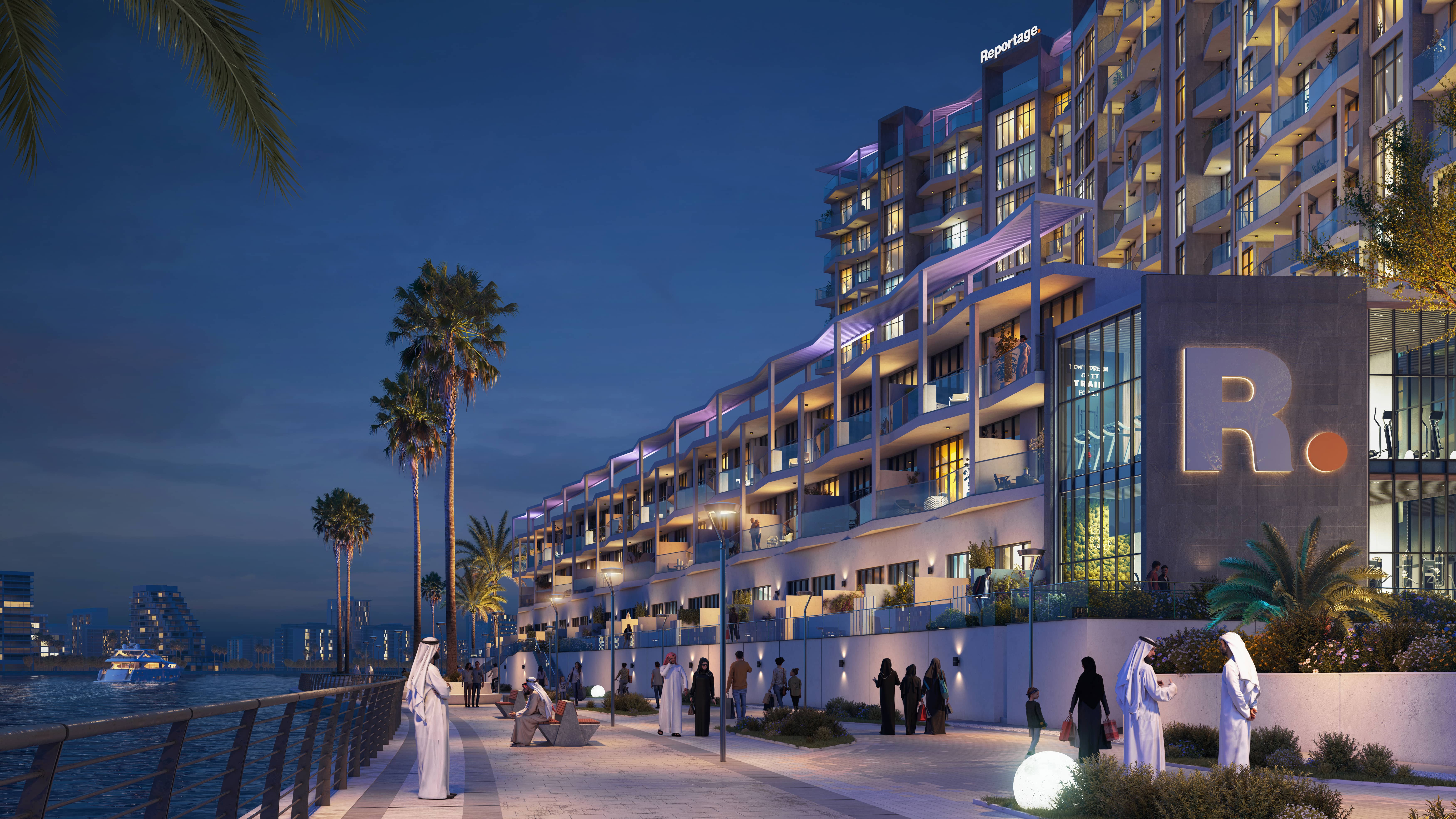 Contemporary residential building design and exterior terrace architecture at Perla 3 on Yas South canal in Abu Dhabi