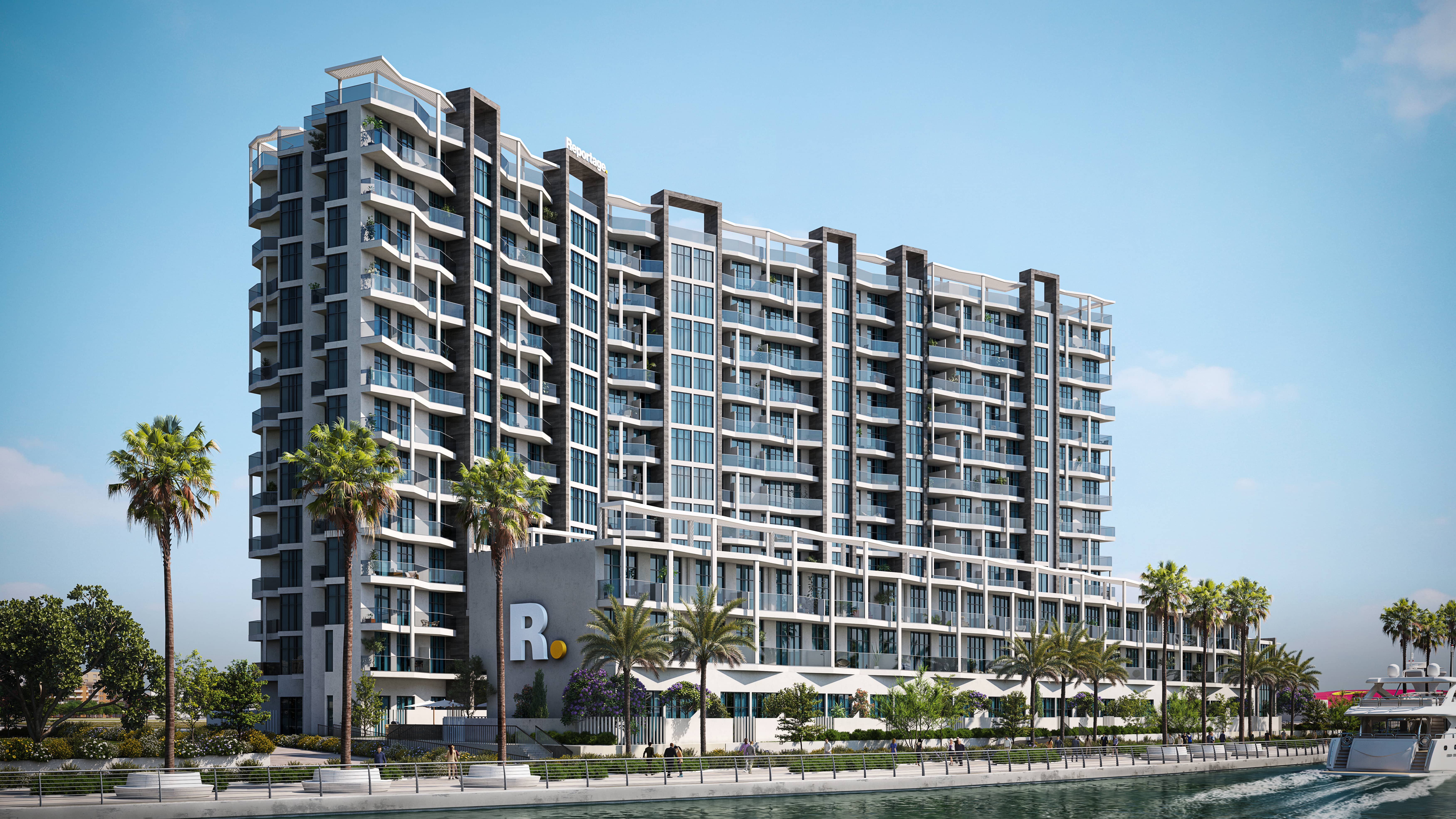 Street-level exterior view of Perla 3 waterfront apartments on Yas Island Abu Dhabi showcasing lush green landscaping and walkways