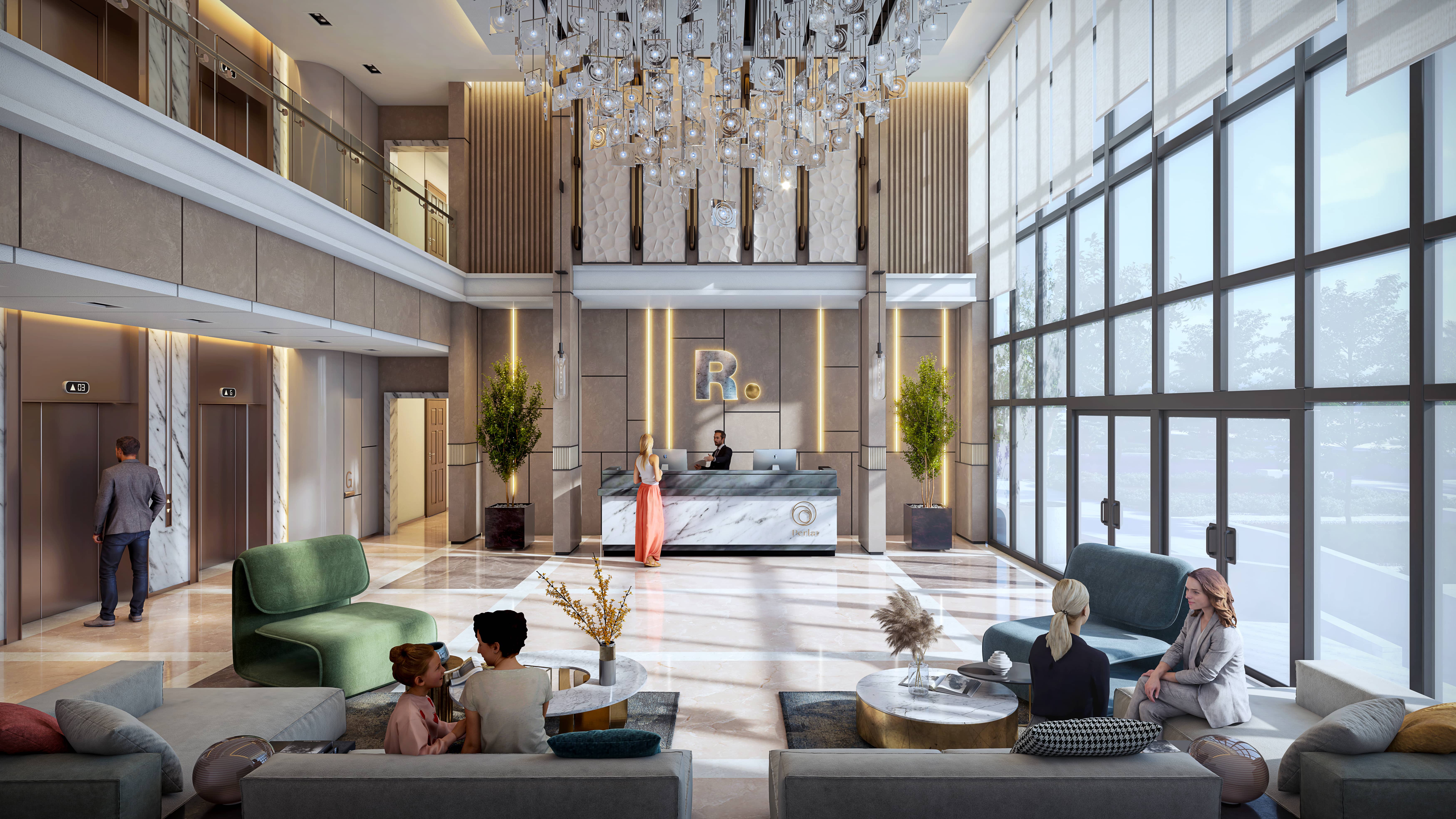 Luxury open-plan living room interior design at Perla 3 on Yas Island Abu Dhabi featuring floor-to-ceiling panoramic windows