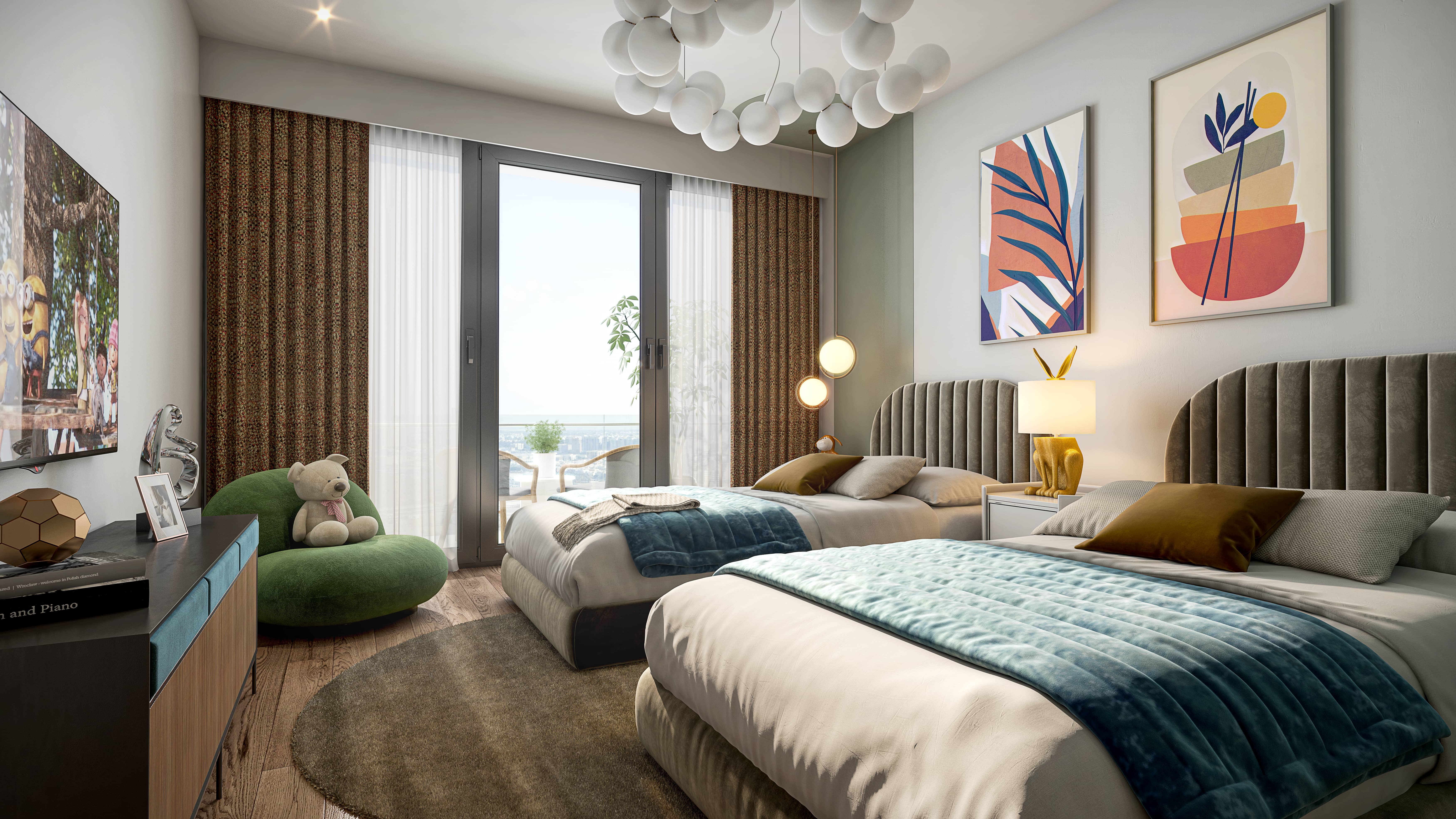 Spacious master bedroom interior inside Perla 3 apartments on Yas Island Abu Dhabi with built-in wardrobes and canal views