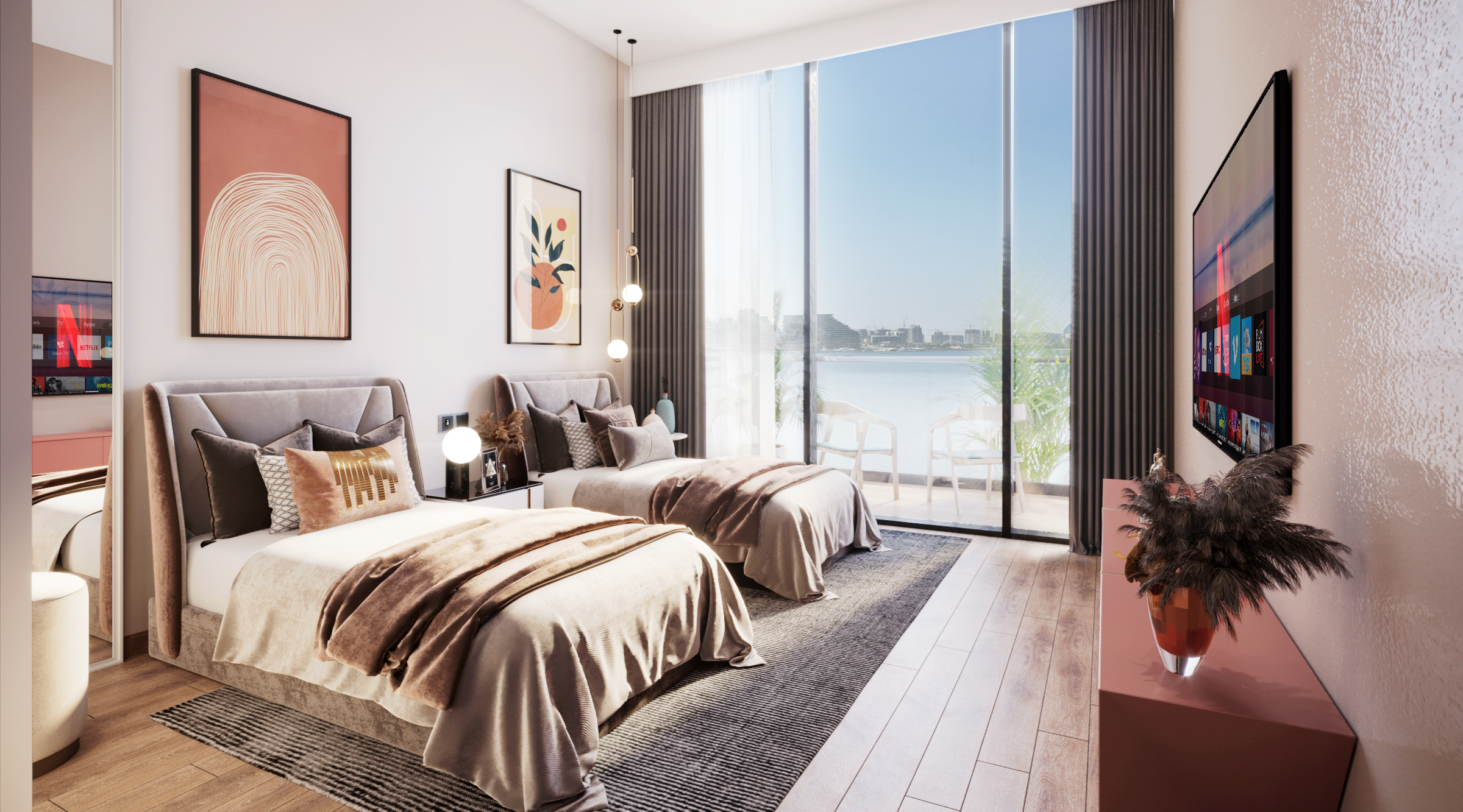 Perla 1 Yas Island Abu Dhabi modern bedroom interior showcasing elegant design, refined finishes, and comfortable residential living.