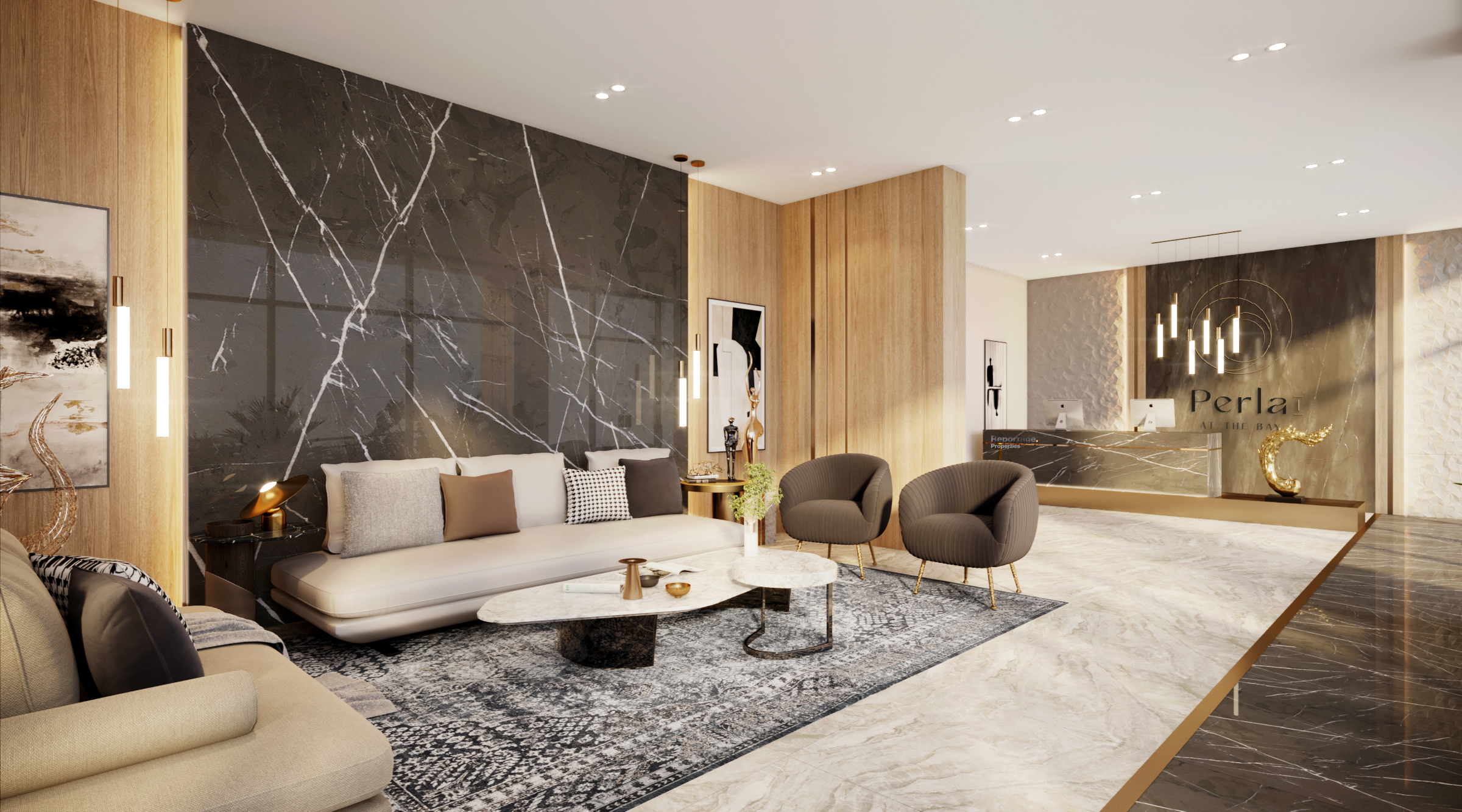 Perla 1 Yas Island Abu Dhabi open-plan interior featuring a sophisticated living area, modern kitchen, elegant furnishings, and natural light.