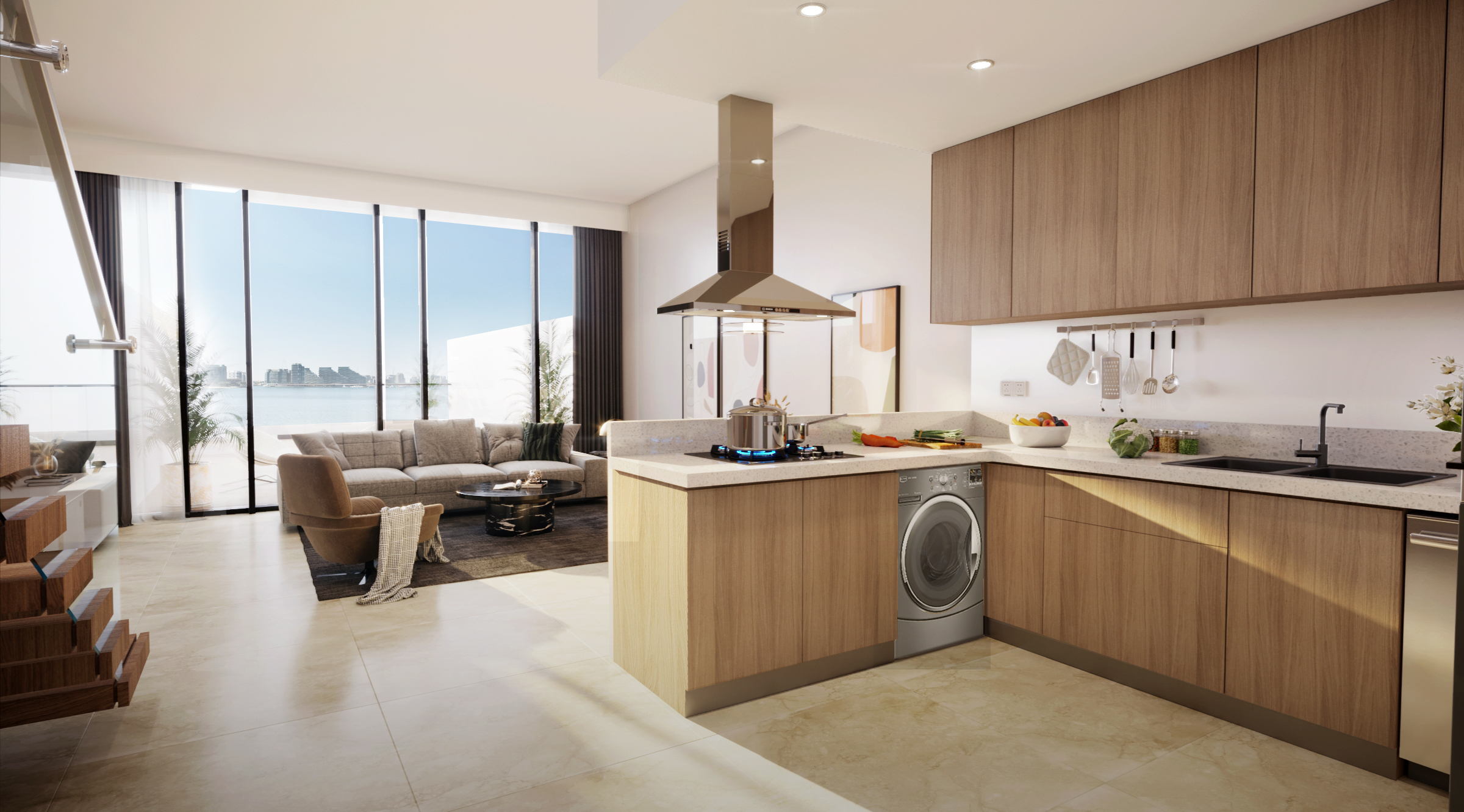 Perla 1 Yas Island Abu Dhabi stylish apartment interior featuring open-plan living areas, modern furnishings, and sophisticated finishes.