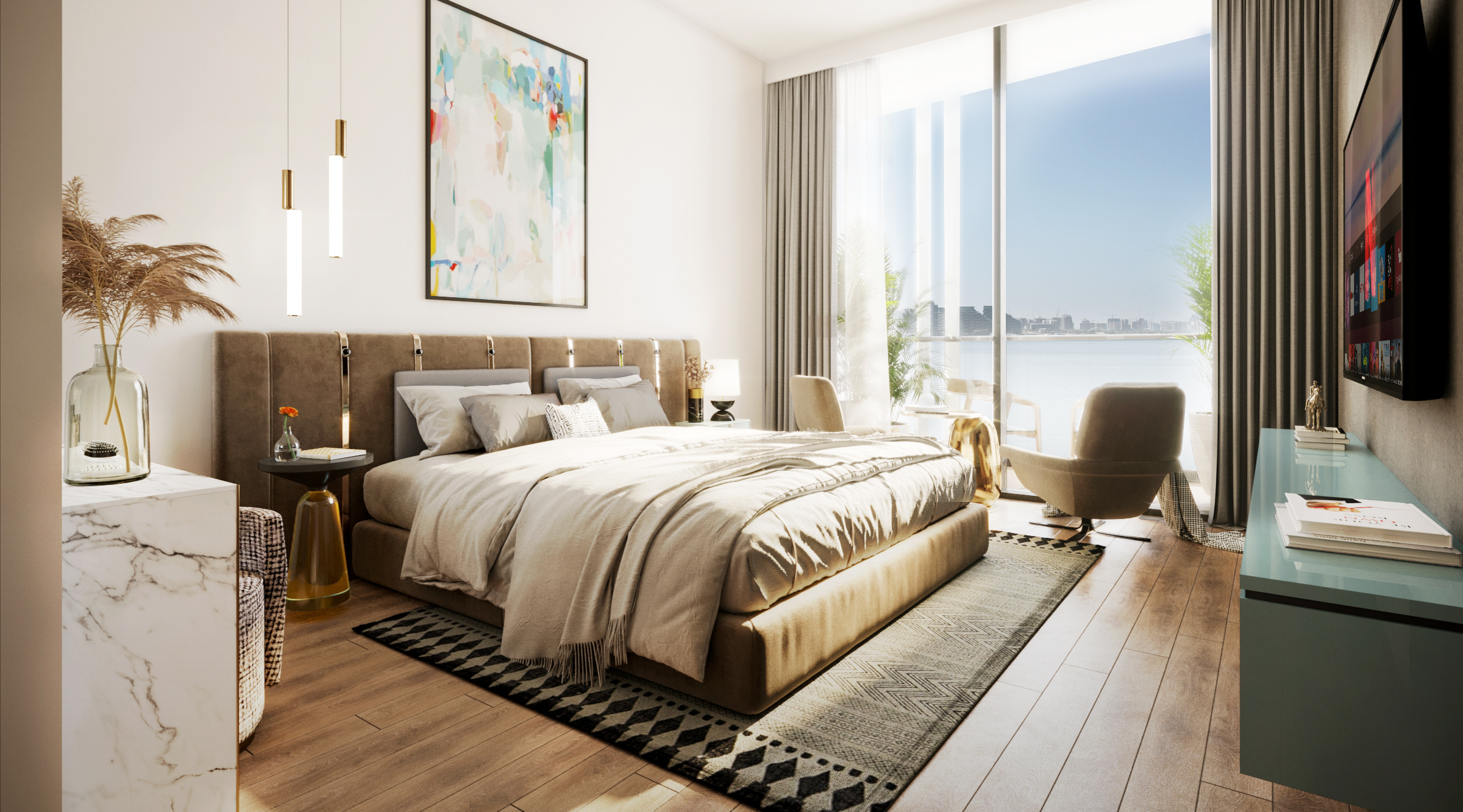 Perla 1 Yas Island Abu Dhabi luxury apartment interior with contemporary architecture, refined materials, spacious rooms, and elegant residential styling.