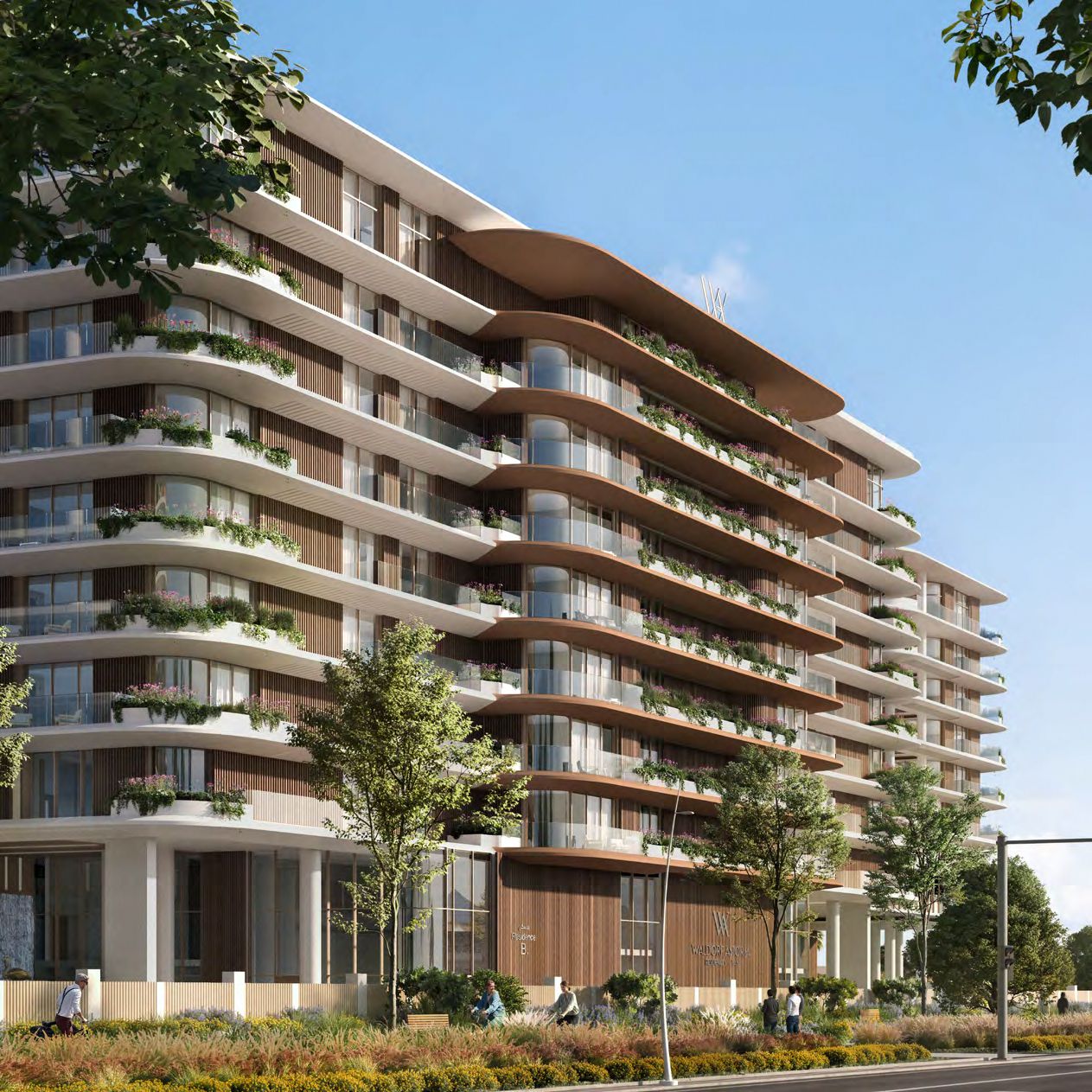 Waldorf Astoria Residences Yas on Yas Island exterior view showcasing luxury branded residences and elegant architecture.