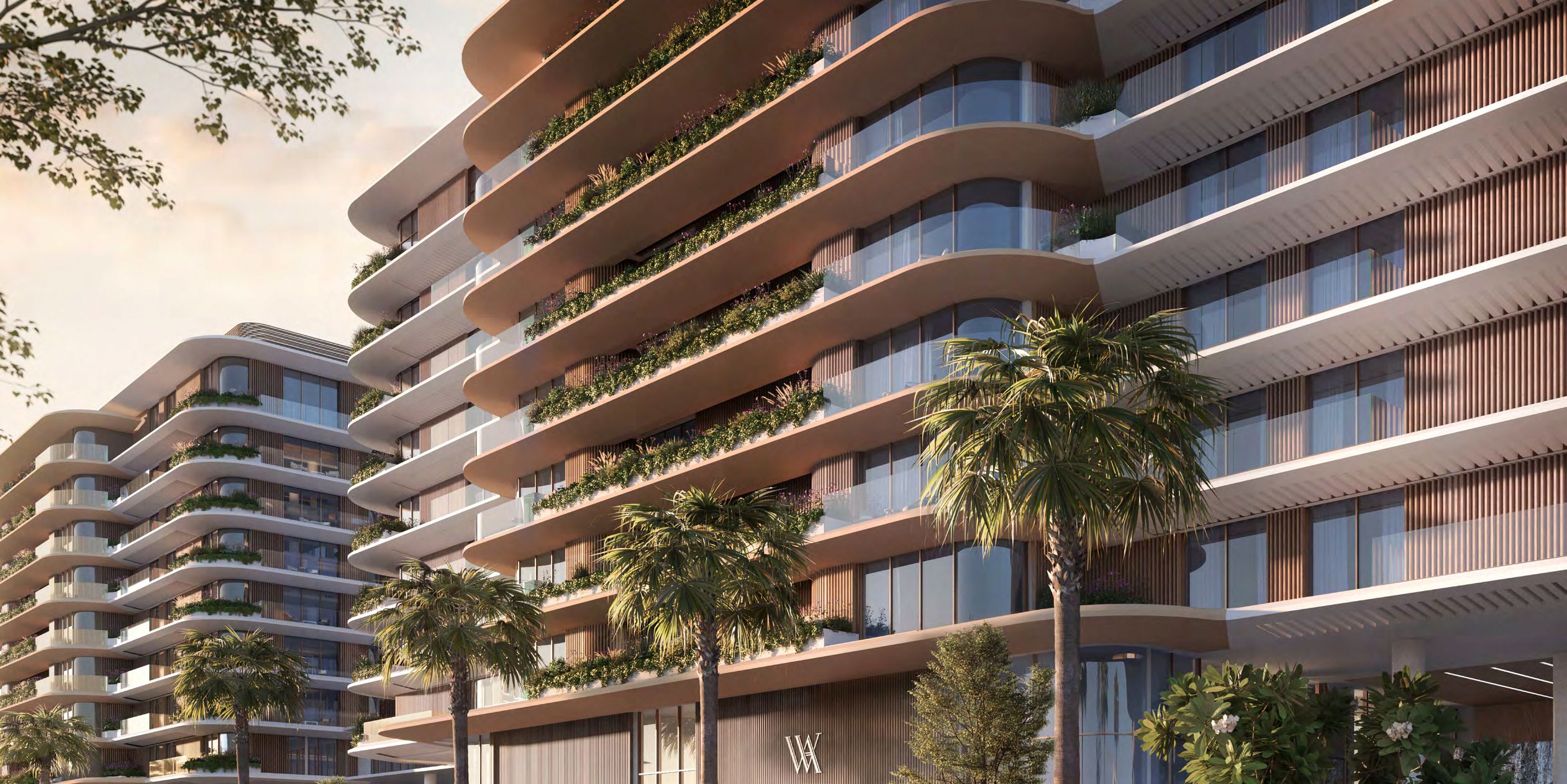 Waldorf Astoria Residences Yas on Yas Island exterior design featuring modern buildings with premium residential spaces.