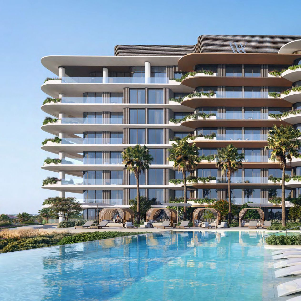 Waldorf Astoria Residences Yas on Yas Island overlooking Yas Links Golf Course with luxury residential surroundings.