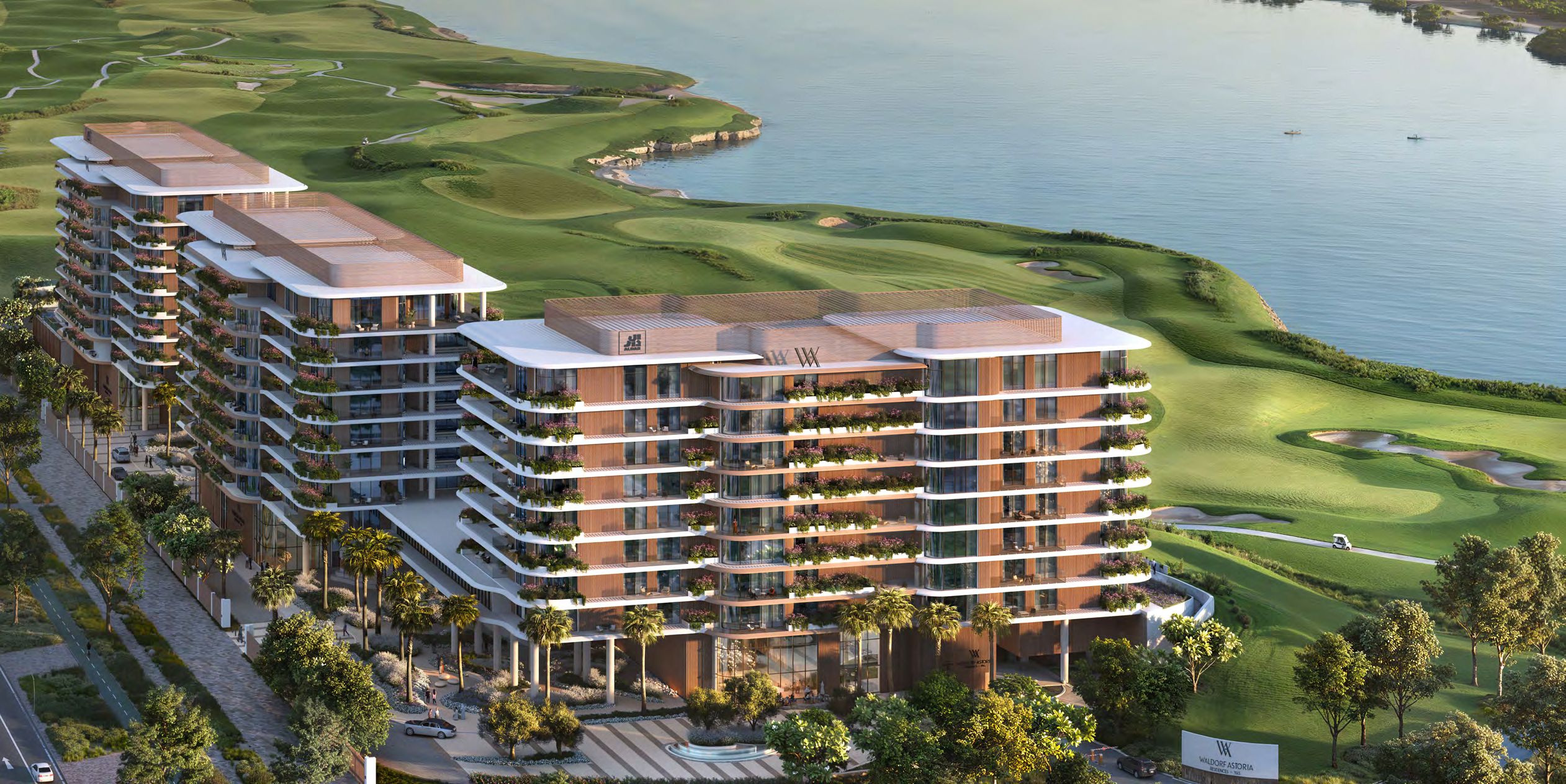 Waldorf Astoria Residences Yas on Yas Island showcasing views of Yas Marina Circuit and elegant residences.