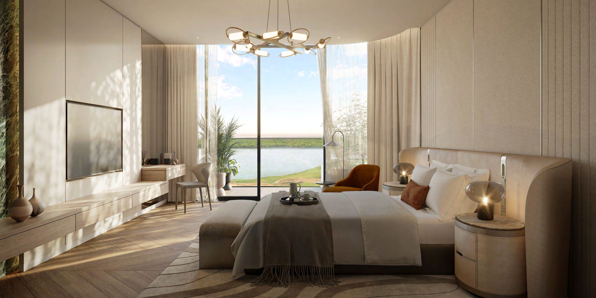 Waldorf Astoria Residences Yas dark themed dining space on Yas Island featuring elegant lighting and premium residential interiors.